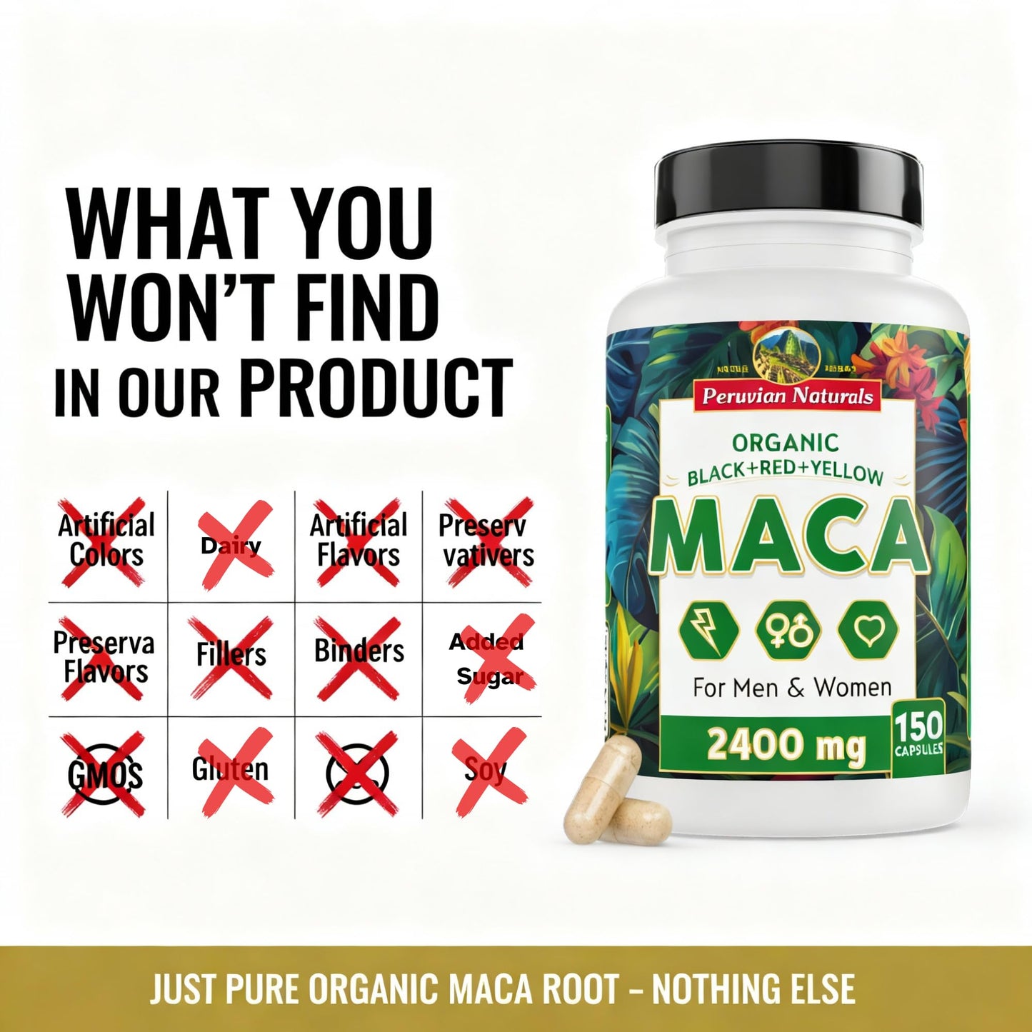 Organic Maca Root Capsules for Women & Men 2400mg per Serving - 150 Pills Black, Red, Yellow Maca Supplement - Gelatinized Macaroot, Non-GMO, Vegan by Peruvian Naturals - Medaid International
