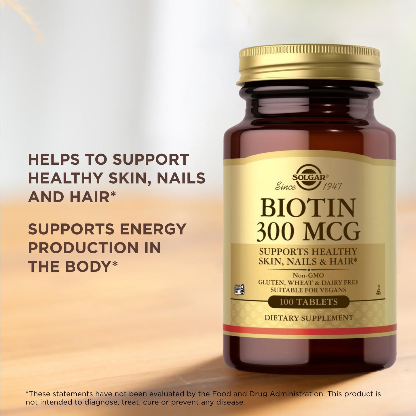 Solgar Biotin 300 mcg - 100 Tablets - Supports Healthy Skin, Nails & Hair - Non-GMO, Vegan, Gluten Free, Dairy Free, Kosher - 100 Servings - Medaid International
