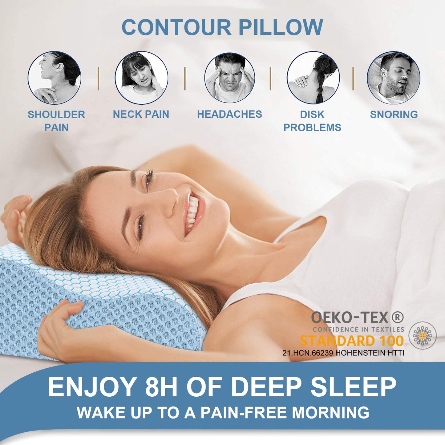 Anvo Memory Foam Pillow, Neck Contour Cervical Orthopedic Bed Pillow for Sleeping Side Back Stomach Sleeper, Ergonomic Design for Neck and Shoulder Pain Relief, Blue White, Firm - Medaid International