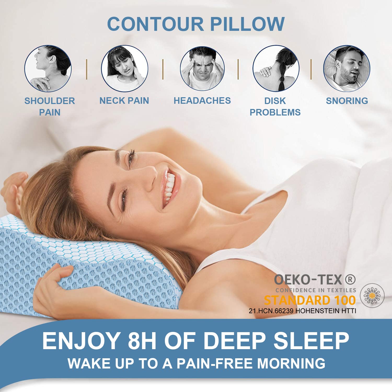 Anvo Memory Foam Pillow, Neck Contour Cervical Orthopedic Bed Pillow for Sleeping Side Back Stomach Sleeper, Ergonomic Design for Neck and Shoulder Pain Relief, Blue White, Firm - Medaid International