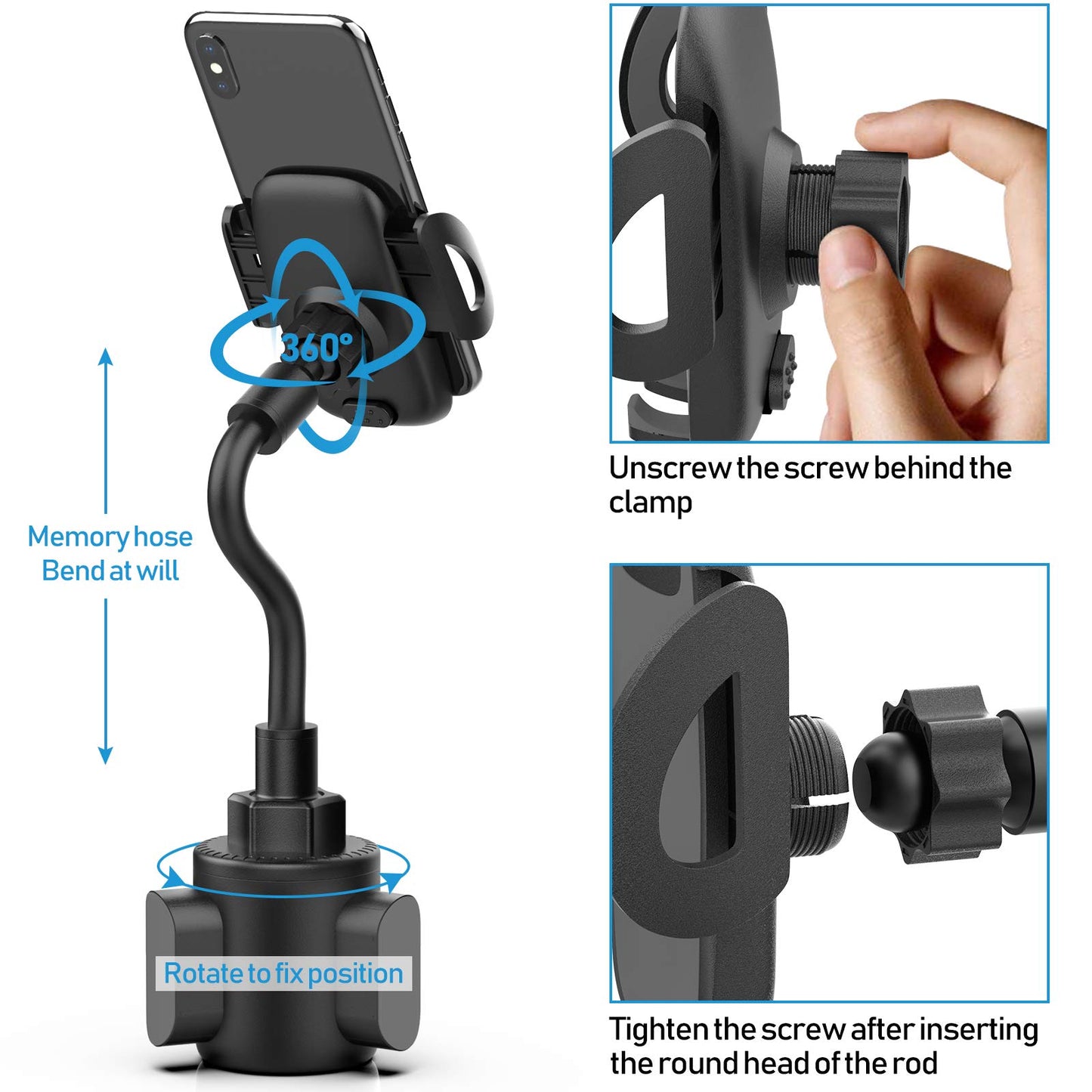 Phone Holders for Your Car, Cup Holder Phone Mount, Universal Adjustable Gooseneck Cup Holder Cradle Car Mount for iPhone 16/15/14/13/12/11/Pro Max/X/Xs/XsMax/8/8Plus,Samsung,Huawei,LG, Sony(Black) - Medaid International