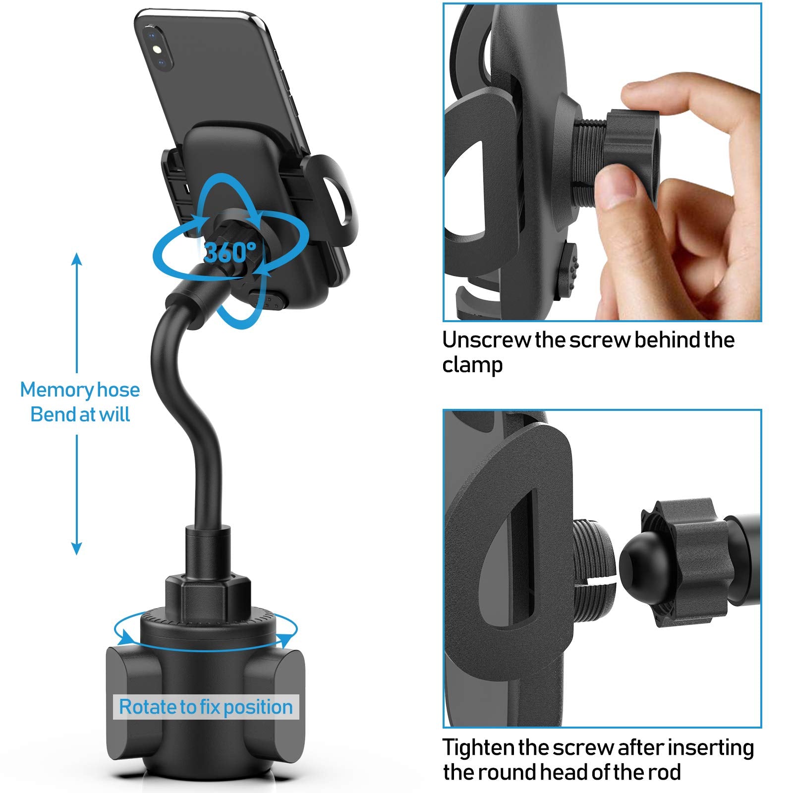 Phone Holders for Your Car, Cup Holder Phone Mount, Universal Adjustable Gooseneck Cup Holder Cradle Car Mount for iPhone 16/15/14/13/12/11/Pro Max/X/Xs/XsMax/8/8Plus,Samsung,Huawei,LG, Sony(Black) - Medaid International