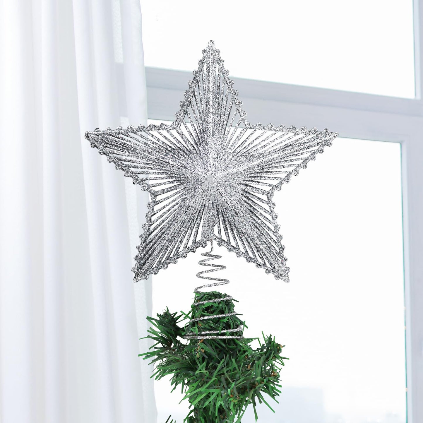 Glittering 5-Point Star Christmas Tree Topper, Sparkly Festive Red Star Ornament with Stable Base for Indoor Outdoor Party(Sliver) - Medaid International