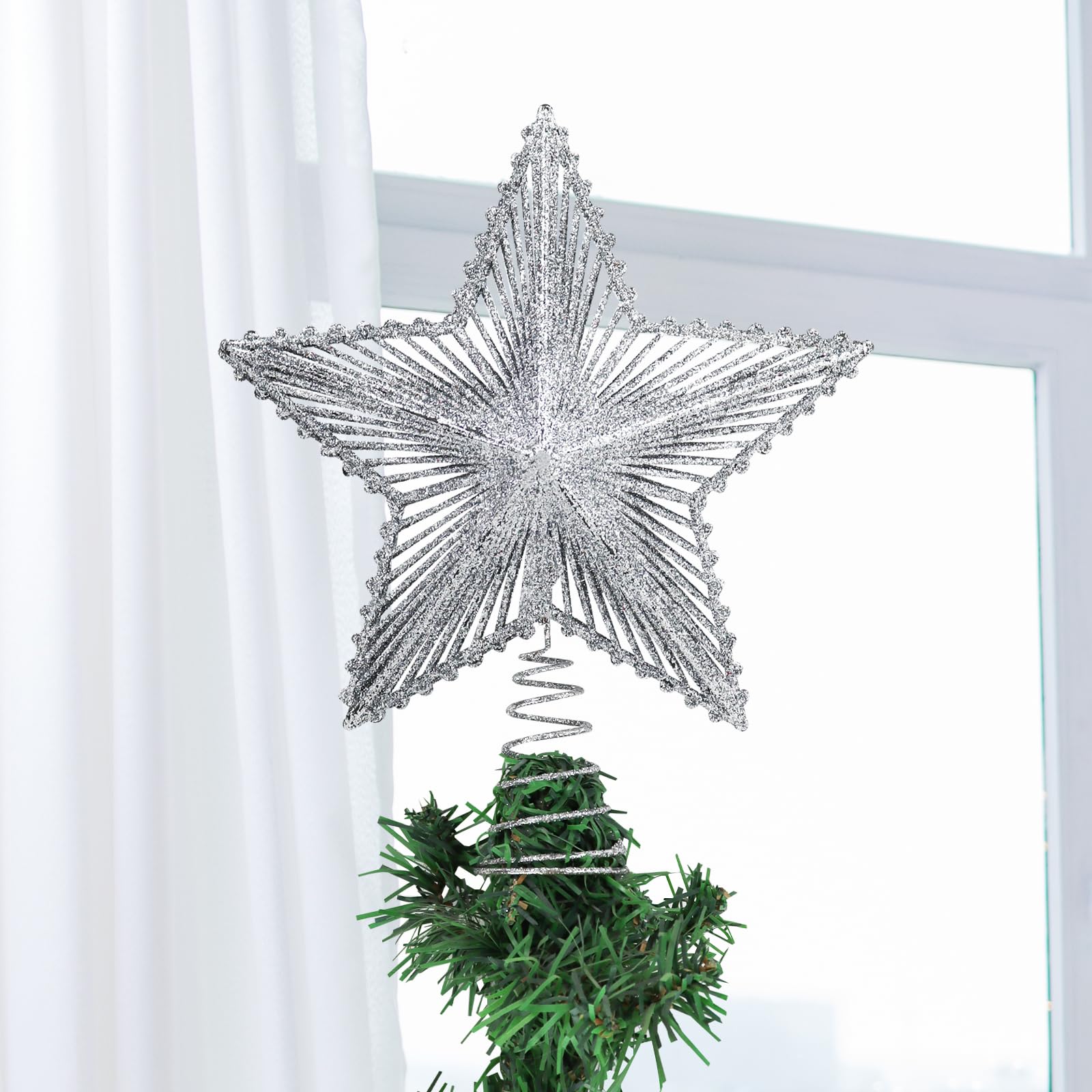 Glittering 5-Point Star Christmas Tree Topper, Sparkly Festive Red Star Ornament with Stable Base for Indoor Outdoor Party(Sliver) - Medaid International