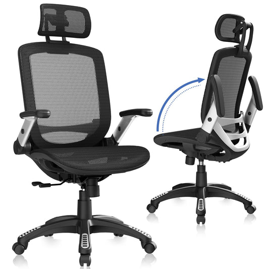 GABRYLLY Ergonomic Office Chair, High Back Home Desk Chair with Headrest, Flip-Up Arms, 90-120° Tilt Lock and Wide Cushion, Big and Tall Mesh Chairs for Man Woman, Black Task Chair - Medaid International