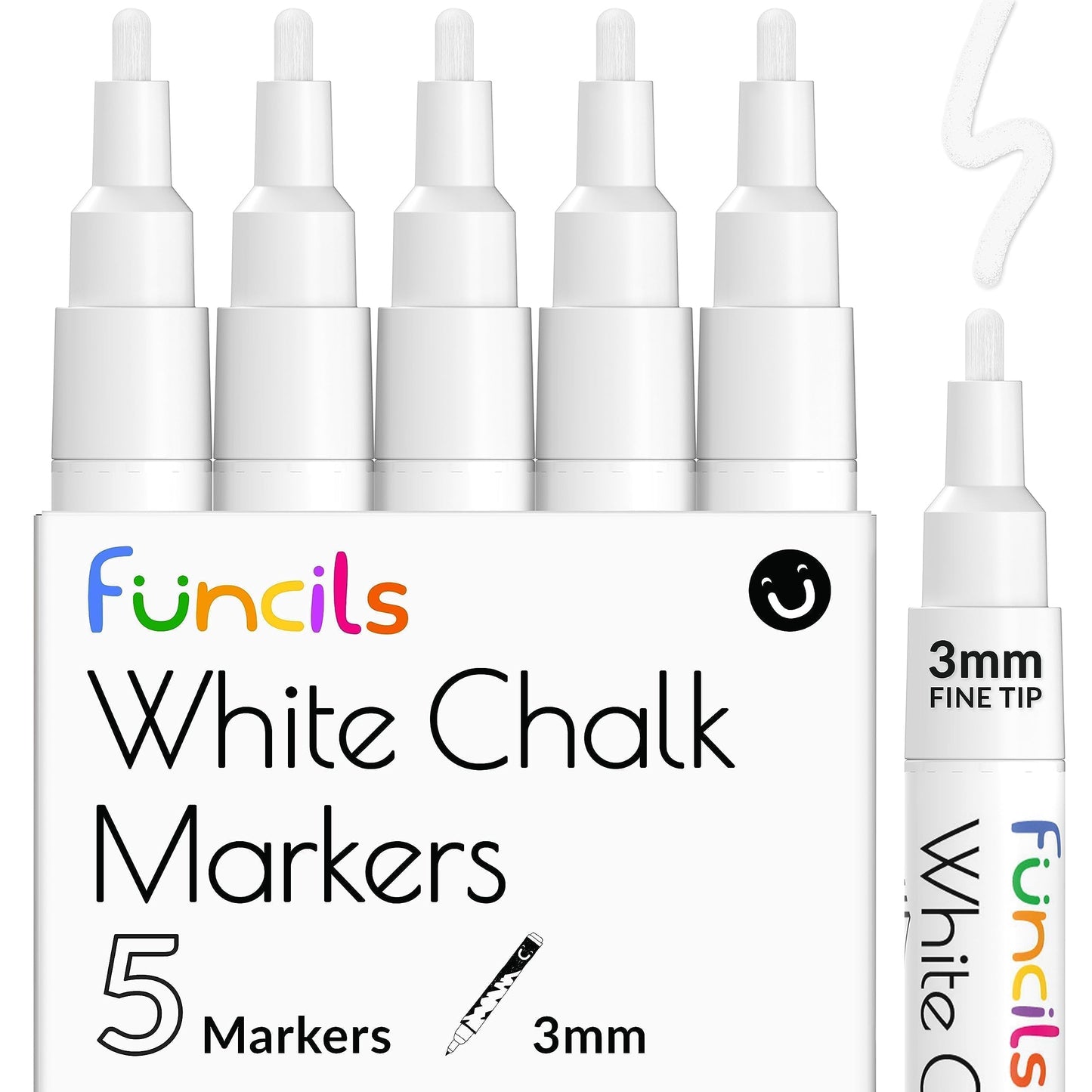 Funcils White Chalk Markers Fine Tip (5 Pack, 3mm Reversible Tip) - For Chalkboard, Blackboard, Car Windows, Glass, Acrylic Calendar | Dry erase, Erasable Thin Liquid Chalk Pens - Medaid International