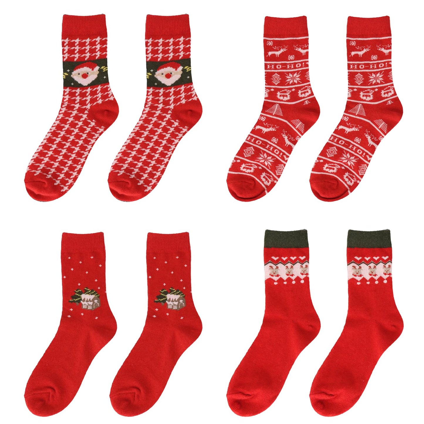 Chanseen 4 Pairs Women's Christmas Crew Socks Red Socks with Snowflakes, Santa, Reindeer, Tree Patterns for Xmas Winter Holiday - Medaid International