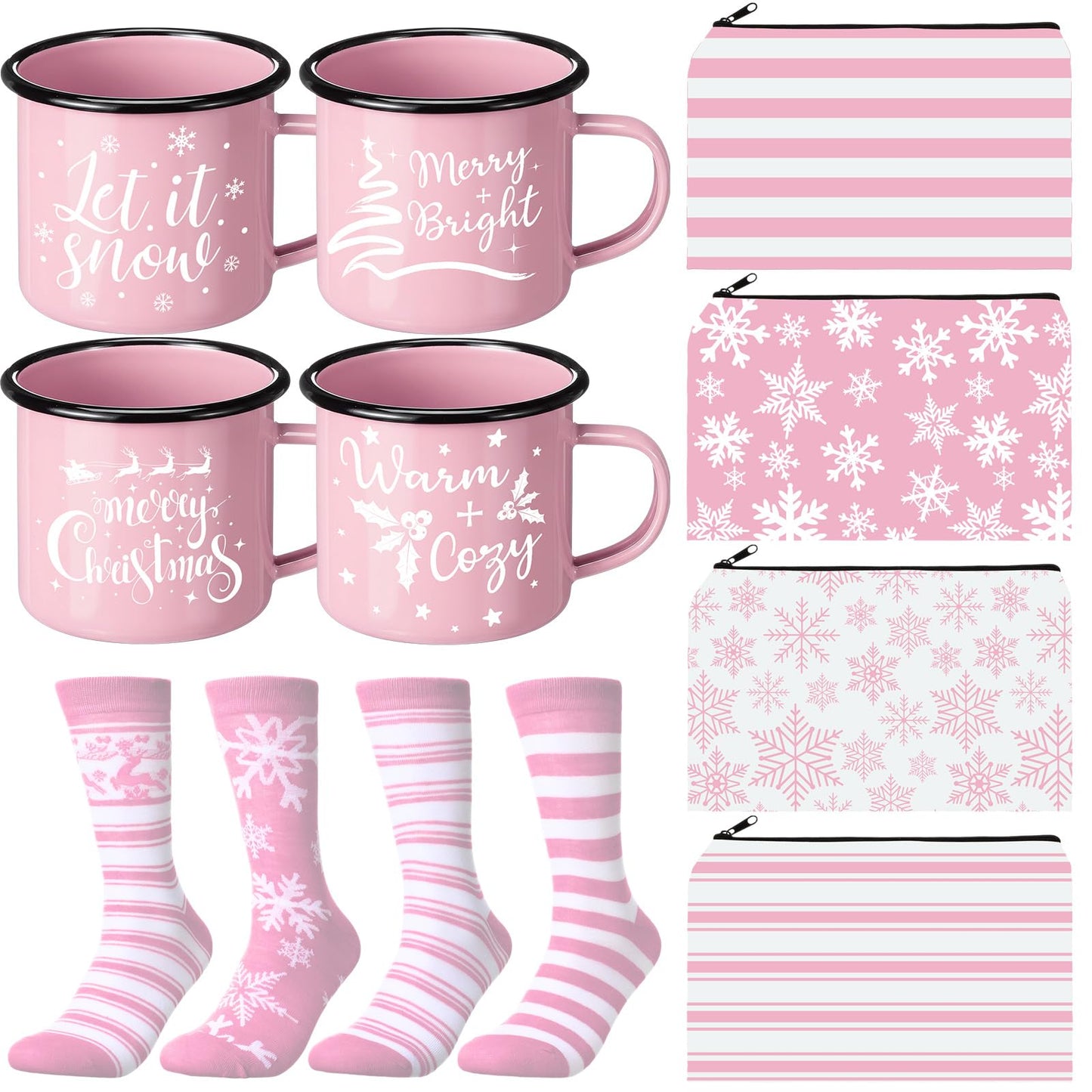 Baderke 4 Set Christmas Gifts Christmas Mugs Enamel Mug 4 Pcs Xmas Makeup Bags Bulk Santa Goodie Bags and 4 Pcs Santa Socks Xmas Socks for Family Women Friend(Pink) - Medaid International