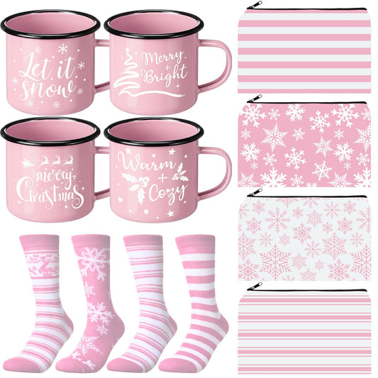Baderke 4 Set Christmas Gifts Christmas Mugs Enamel Mug 4 Pcs Xmas Makeup Bags Bulk Santa Goodie Bags and 4 Pcs Santa Socks Xmas Socks for Family Women Friend(Pink) - Medaid International
