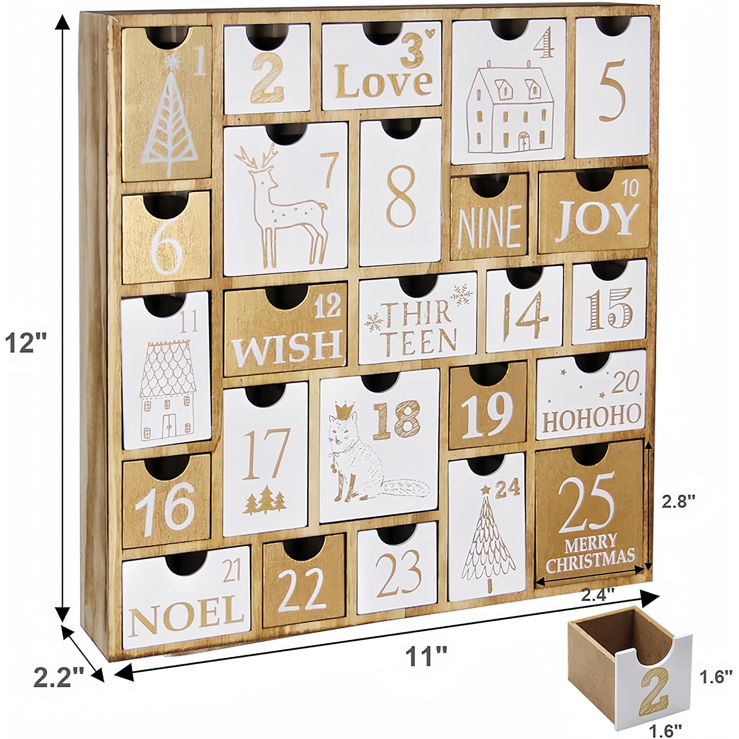 Juegoal Advent Calendar with 25 Drawers Countdown to Christmas, Refillable Wooden Advent Xmas Gift for Kids, 12 Inches Tall - Medaid International