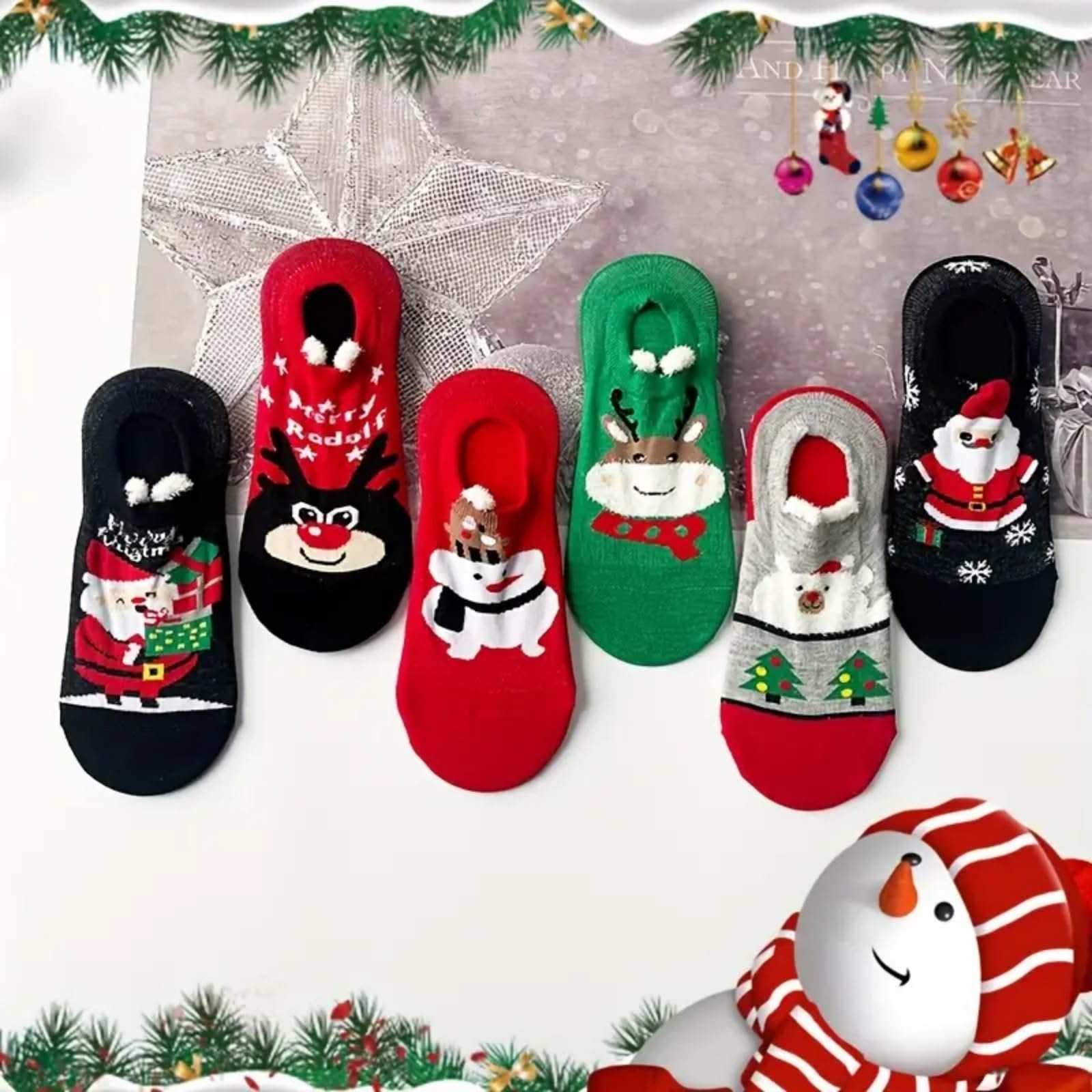 6 Pairs Cartoon Christmas Socks, Winter Warm Socks with Christmas Element Pattern for Xmas Gifts & Decor - Medaid International