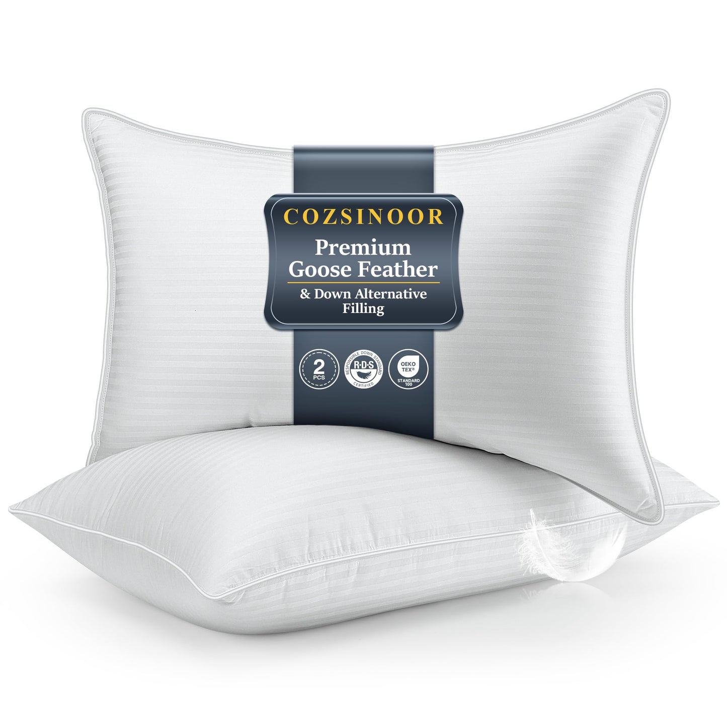 COZSINOOR Goose Feather Pillows Queen Size - Pack of 2, Hotel Down Bed Pillow for Sleeping, Soft 600 TC Cotton Cover, Fluffy Support Surround Fill Down Alternative, Softer - Medaid International