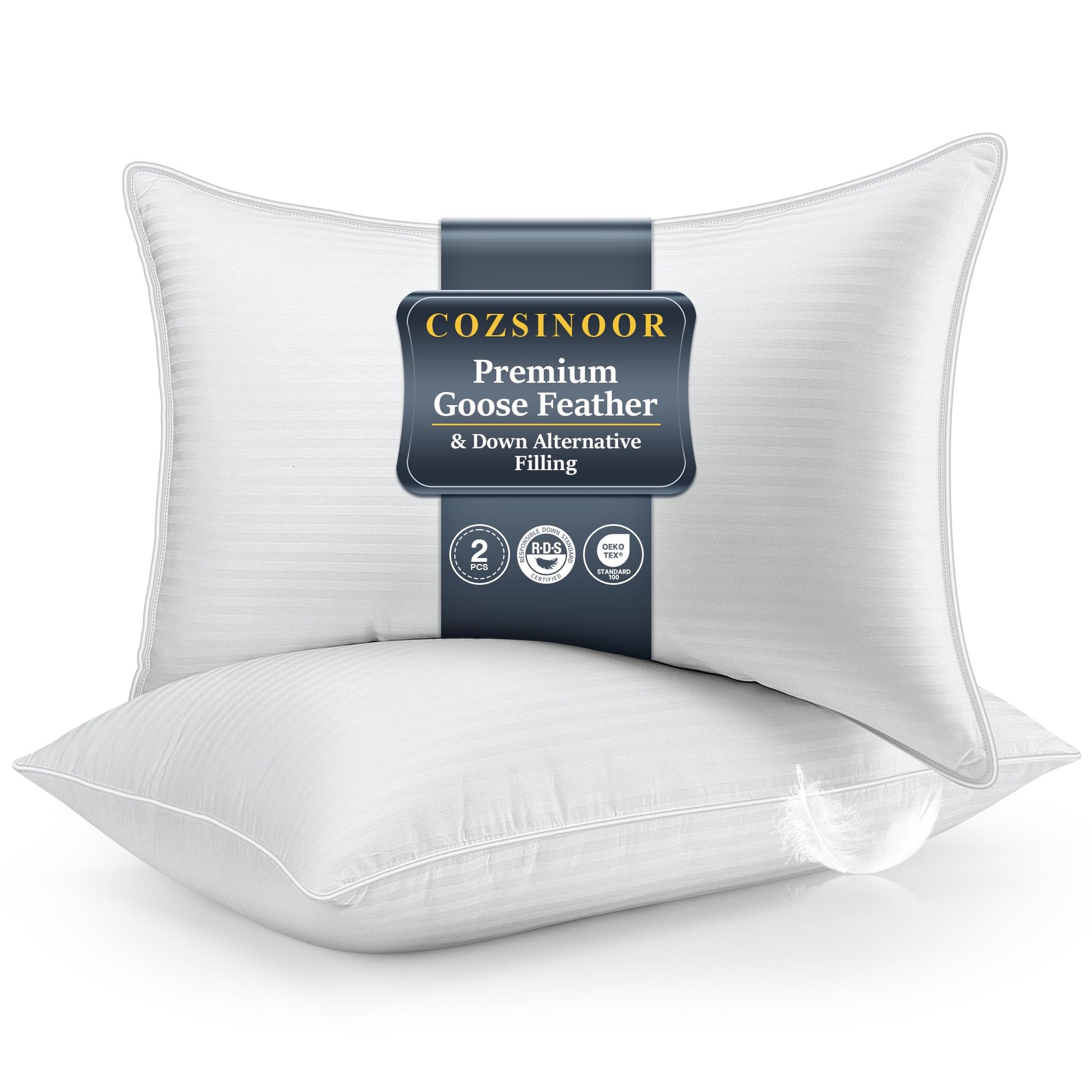 COZSINOOR Goose Feather Pillows Queen Size - Pack of 2, Hotel Down Bed Pillow for Sleeping, Soft 600 TC Cotton Cover, Fluffy Support Surround Fill Down Alternative, Softer - Medaid International