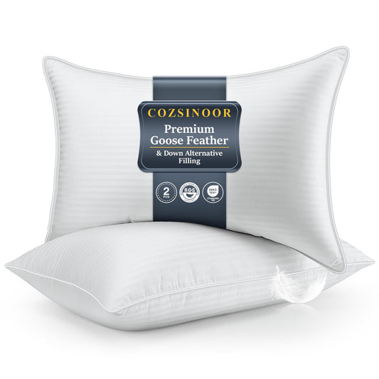 COZSINOOR Goose Feather Pillows Queen Size - Pack of 2, Hotel Down Bed Pillow for Sleeping, Soft 600 TC Cotton Cover, Fluffy Support Surround Fill Down Alternative, Softer - Medaid International