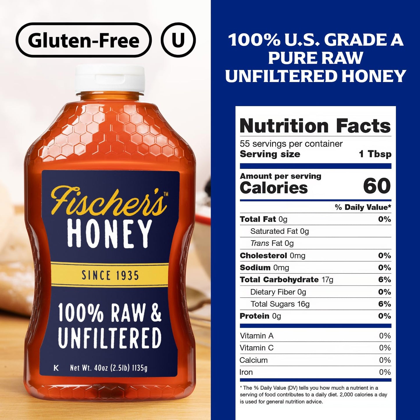 Fischer's 100% Pure, Raw & Unfiltered Honey, 40 oz – USA Made Honey – All-Natural Sweetener – Rich Flavor Profile, Packed with Nutrients - Medaid International