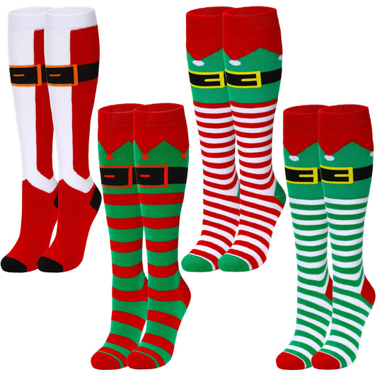 BOARDFEB 4 Pairs Christmas Knee High Socks Santa Elf Knee Socks Funny Holiday Knee High Sock Long Novelty Xmas Stocking For Women and Men Christmas Gifts - Medaid International