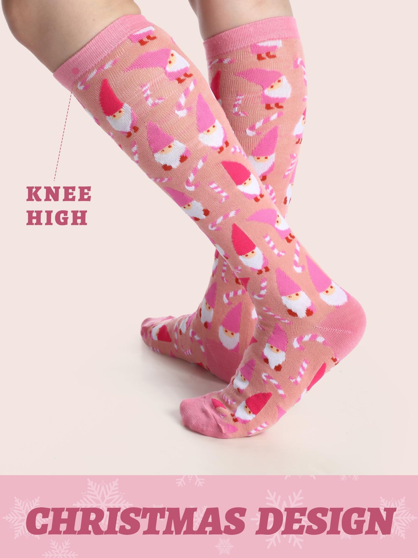 Croloose 6 Pairs Pink Christmas Socks for Women Girls Fun Santa Gnome Nutcracker Snowflake Cotton Xmas Stocking Socks(Knee High Style) - Medaid International