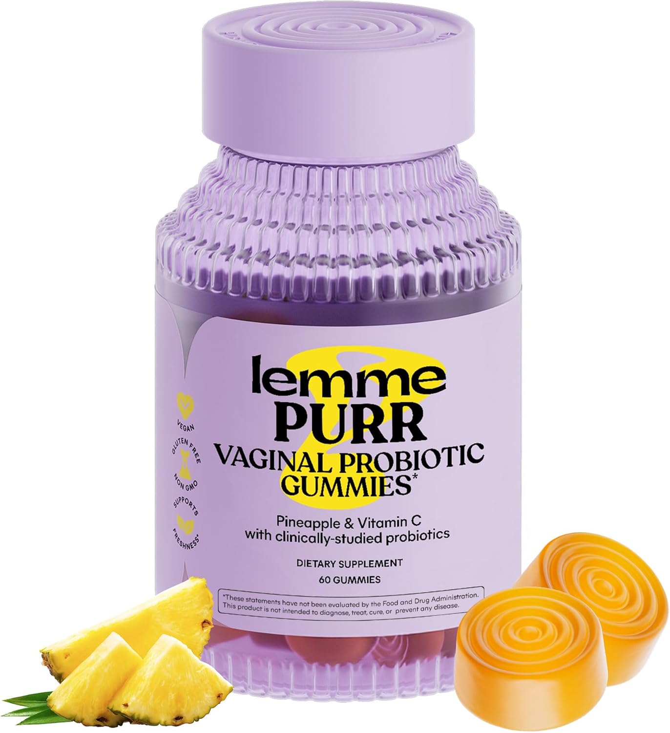 Lemme Purr Vaginal Probiotic Gummies for Women - Balanced pH, Healthy Odor, Yeast Balance & Flora Support + Vitamin C for Immune Health - Tasty Pineapple (60 Count) - Medaid International