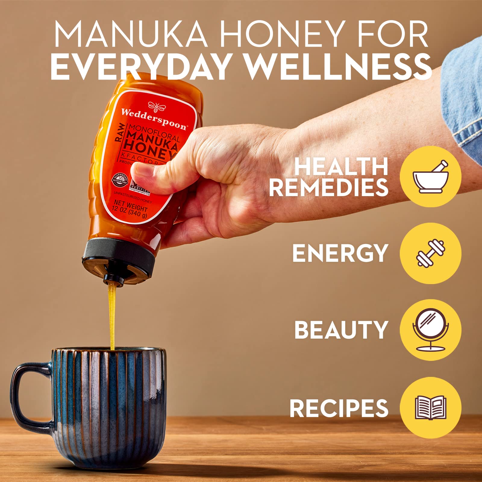 Wedderspoon Raw Manuka Honey, Unpasteurized, Genuine New Zealand Honey, Multi-Functional, Non-GMO Superfood, Convenient Squeeze Bottle, KFactor 16, 12 Ounce - Medaid International