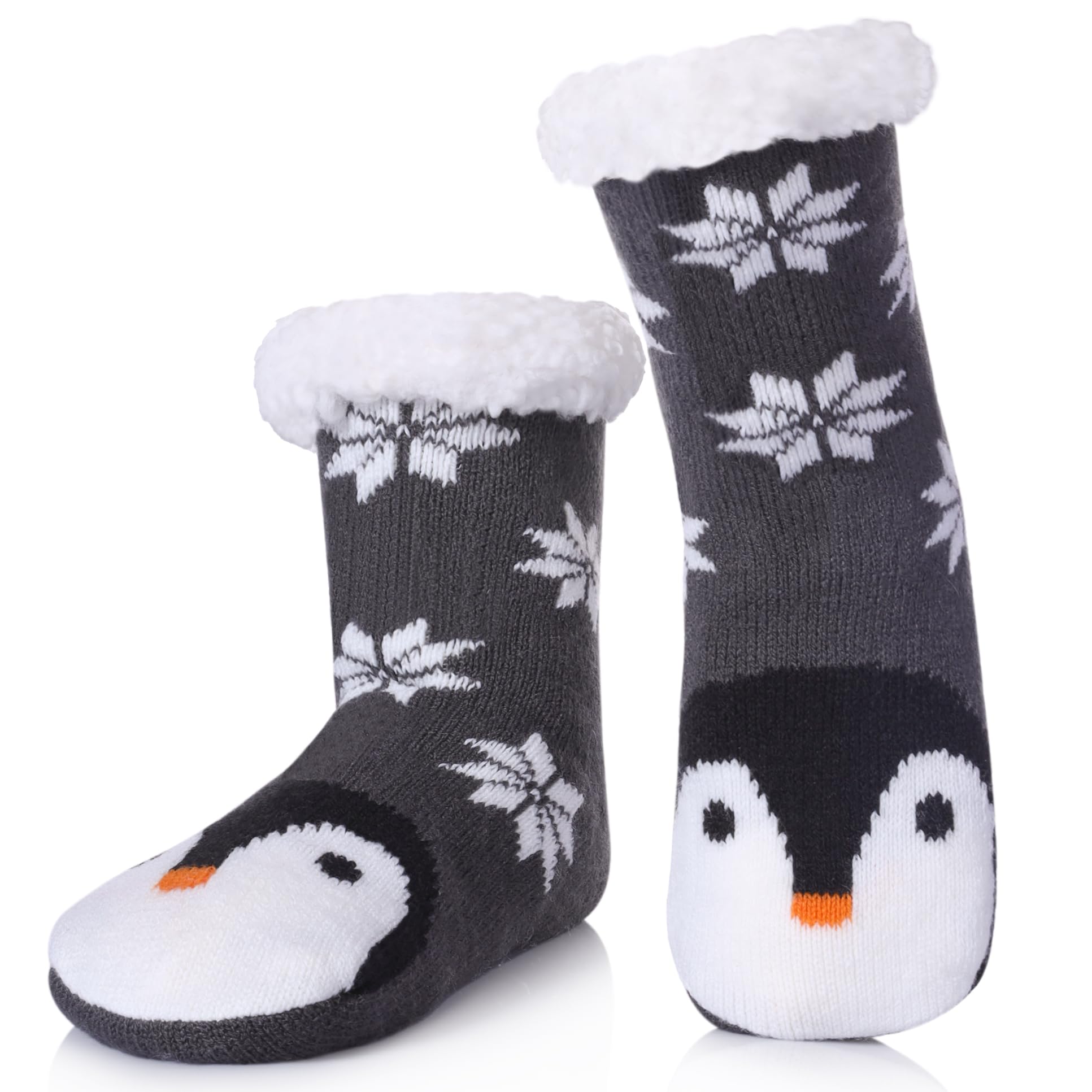 TRUEHAN Kids Girls Boys Slipper Socks Soft Thick Cozy Fuzzy Animal Anti-Slip Winter Thermal Christmas Socks Indoor (Snowflake Penguin, 4-7 Years) - Medaid International