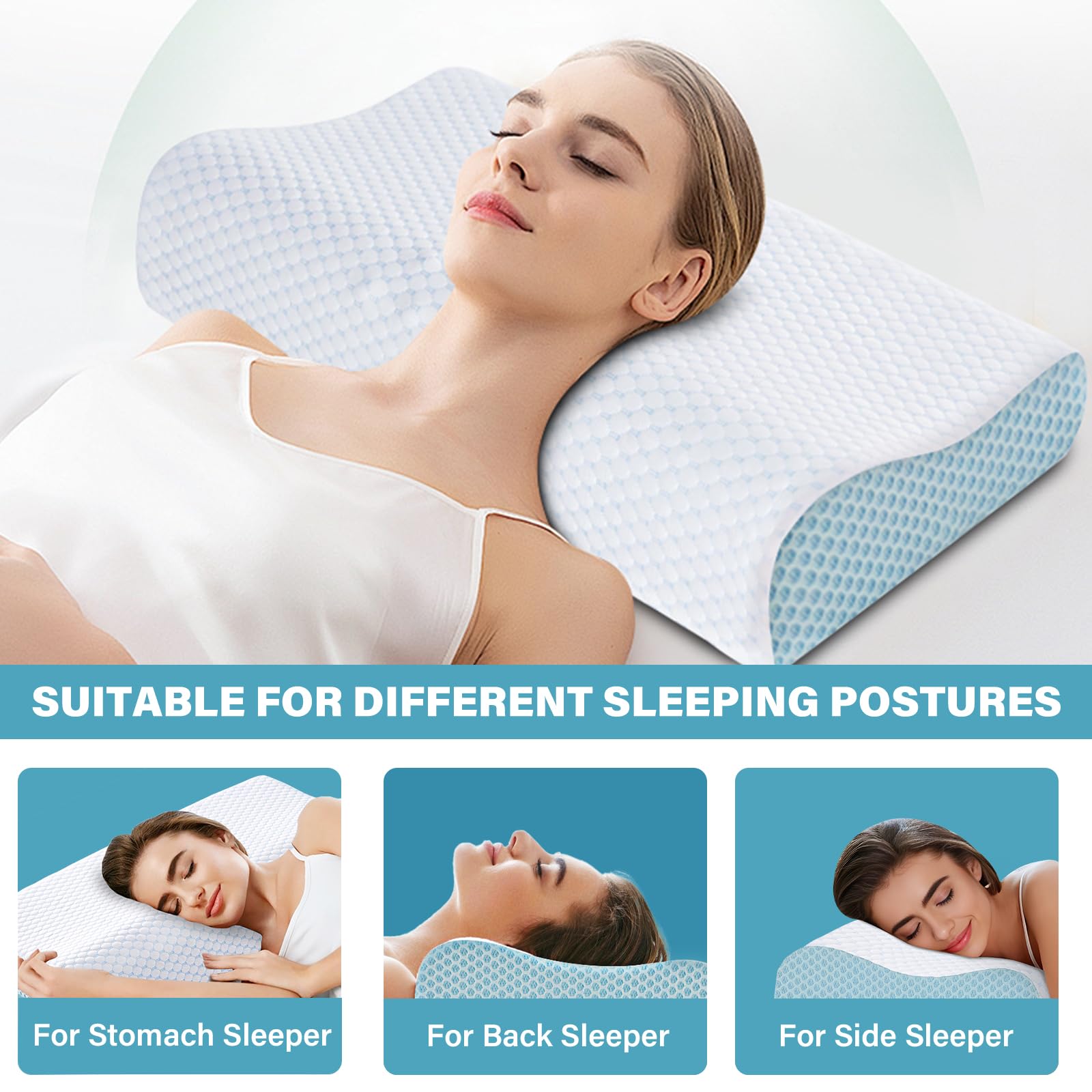 2 Pack Memory Foam Cooling Bed Pillows for Sleeping, Ergonomic Cervical Pillow for Neck and Shoulder Pain Relief, Adjustable Cold Pillow Set of 2,with Pillowcase（Blue） - Medaid International