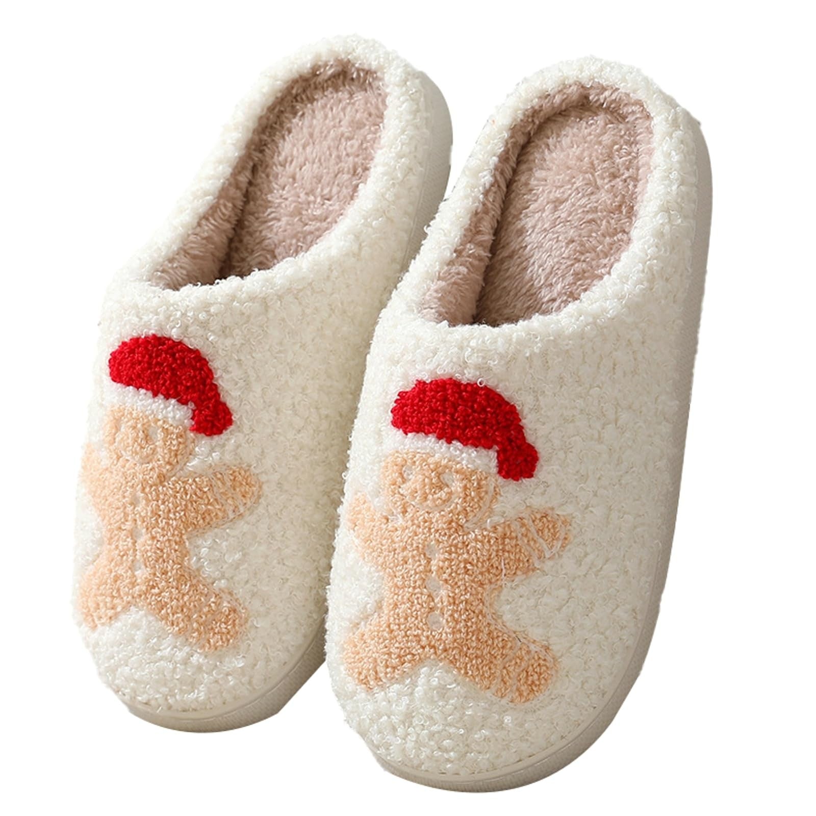 Christmas Slippers Cute Pattern Gingerbread Man Red Santa Hat Warm Soft Bedroom Shoes Fuzzy Closed Toe Sandals Non Slip House Bedroom - Medaid International