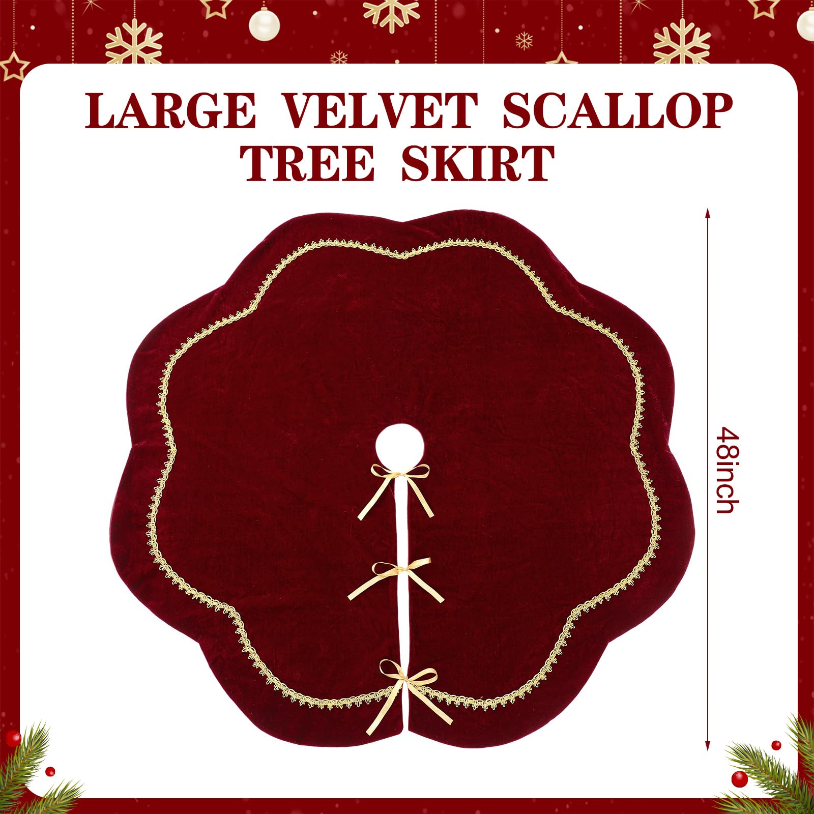 Arrowbash Christmas Tree Skirt 48 Inch Red Velvet Fur Scallop Tree Skirt Sparking Gold Lace Trim for Party Rustic Xmas Holiday Decorations All Year - Medaid International