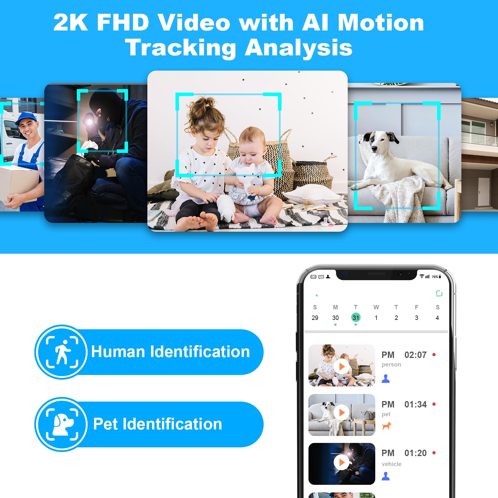 2K Pan/Tilt Security Camera, WiFi Indoor Camera for Home Security with AI Motion Detection, Baby/Pet Camera with Phone App, Color Night Vision, 2-Way Audio, 24/7, Siren, TF/Cloud Storage - Medaid International