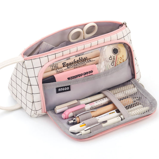 EASTHILL Large Capacity Colored Canvas Storage Pouch Marker Pen Pencil Case Simple Stationery Bag Holder For Middle High School Office College Student Girl Women Adult Teen Gift White Plaid - Medaid International