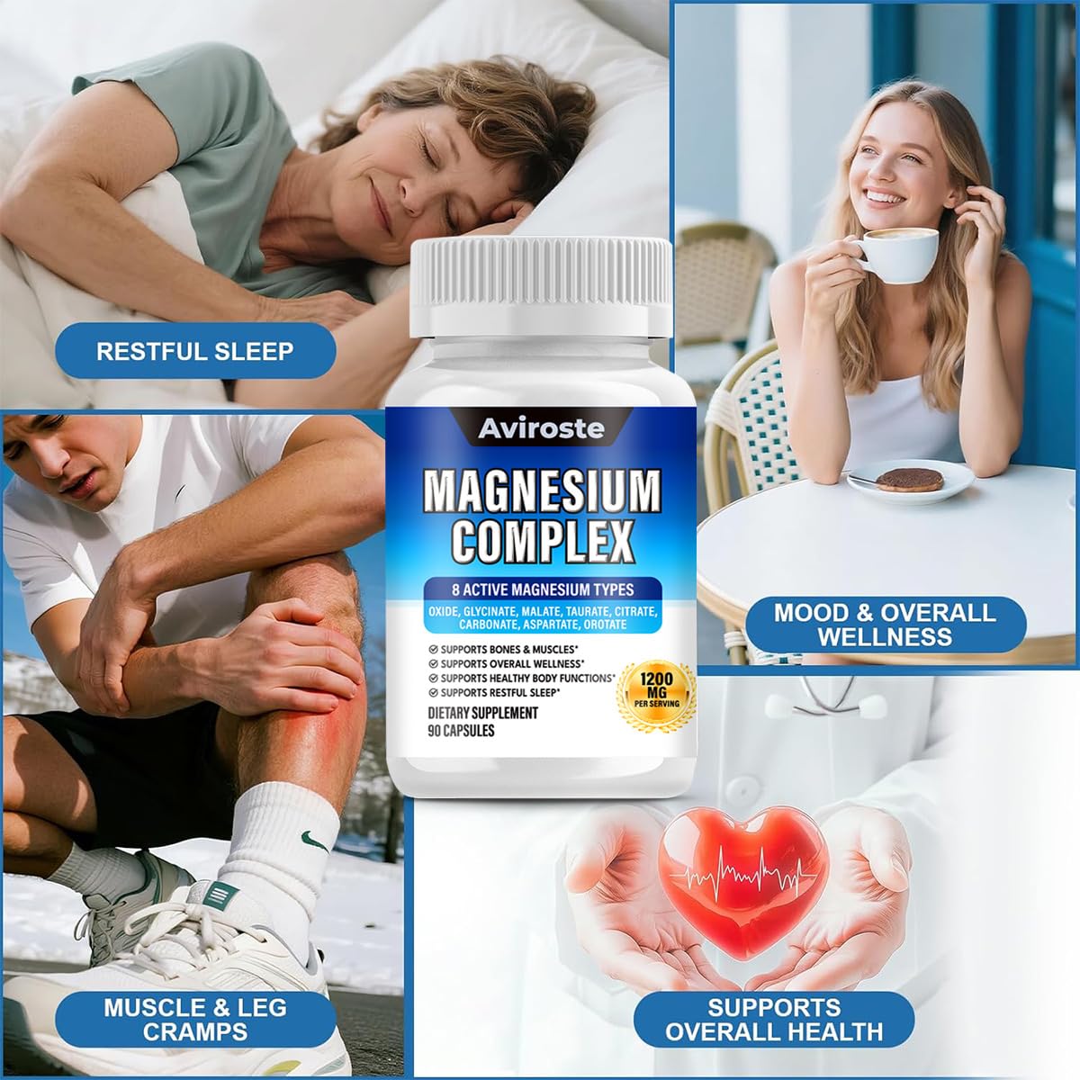 8 in 1 Magnesium Complex Supplement - 8 Elemental 1000mg - Magnesium Glycinate, Citrate, Malate, Taurate - High Absorption,for Muscle, Nerve & Sleep Support - 90 Capsules - Medaid International