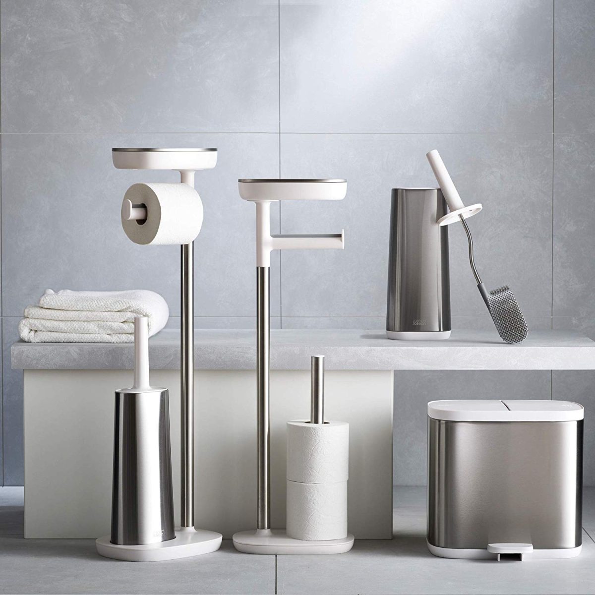 Joseph Joseph EasyStore Butler Toilet Paper Holder Stand and Flex Toilet Brush with Shelf and Drawer, Stainless Steel - Medaid International