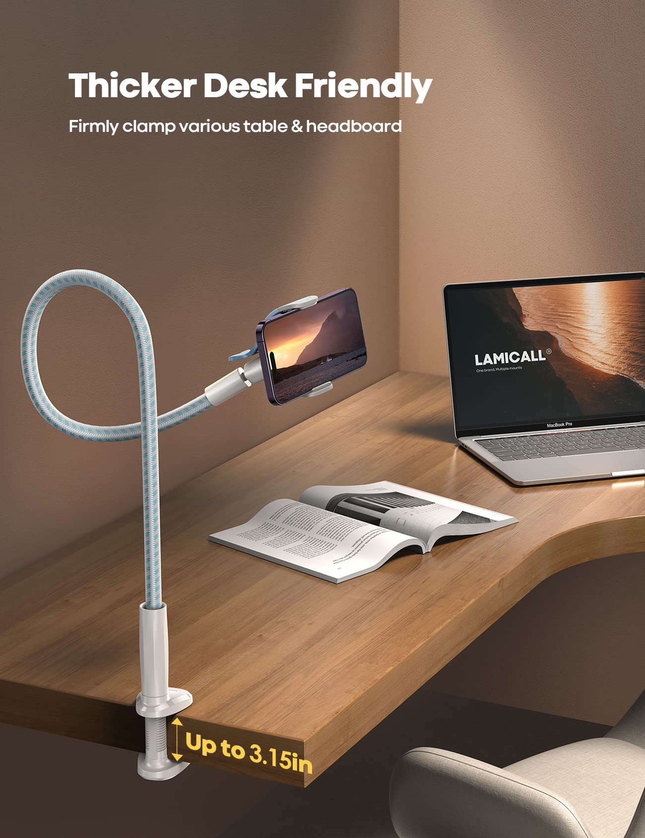 Lamicall Gooseneck Phone Holder Bed - [Nylon Braided] Flexible Arm, Overall Length 38inch, 360 Adjustable Clamp Clip, Overhead Cell Phone Mount Stand for Bed, Blue White - Medaid International