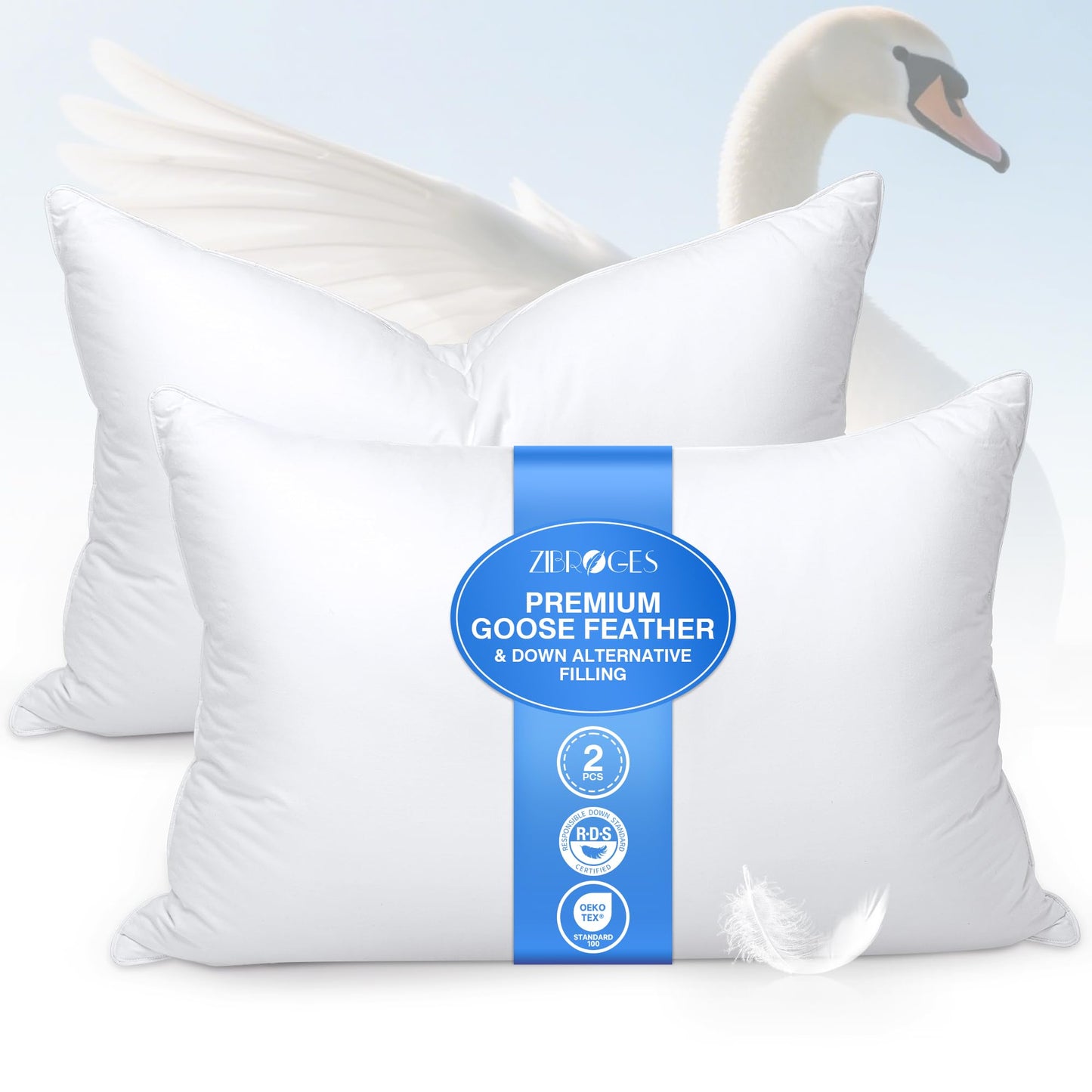 zibroges Feather Pillows Queen Size Set of 2 - Goose Down Hotel Bed Pillow for Sleeping, Soft 600 Thread Count Cotton Cover, Fluffy Support Surround Fill Polyester for Side, Back, Stomach Sleepers - Medaid International