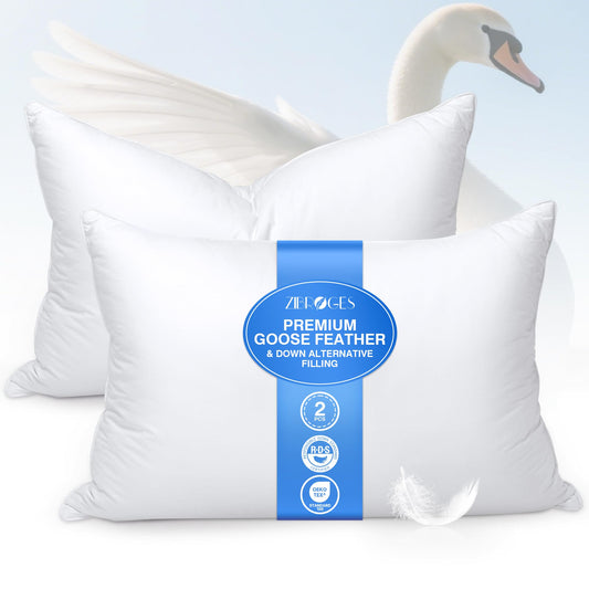 zibroges Feather Pillows Queen Size Set of 2 - Goose Down Hotel Bed Pillow for Sleeping, Soft 600 Thread Count Cotton Cover, Fluffy Support Surround Fill Polyester for Side, Back, Stomach Sleepers - Medaid International