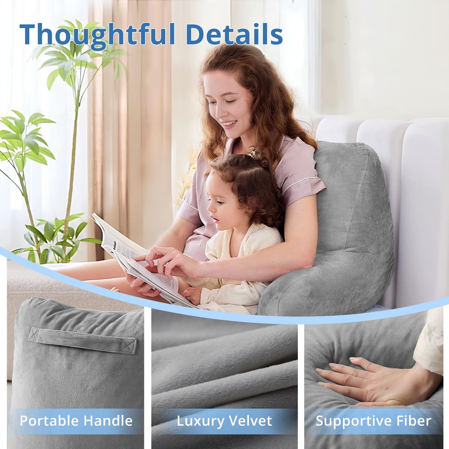 Sasttie Reading Pillows for Sitting in Bed Adult, Velvet Back Pillow Bed Sitting Up, Back-Rest Support Cushion for Sit Up on Couch, Sofa, and Floor, Dorm Essentials, Oeko-Tex Certified, Dark Grey - Medaid International