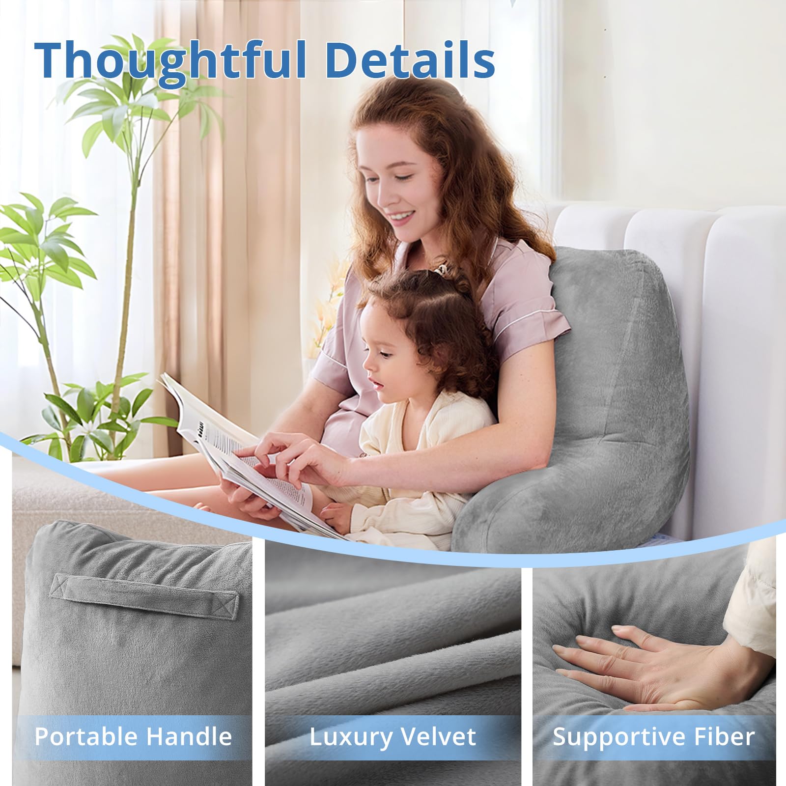 Sasttie Reading Pillows for Sitting in Bed Adult, Velvet Back Pillow Bed Sitting Up, Back-Rest Support Cushion for Sit Up on Couch, Sofa, and Floor, Dorm Essentials, Oeko-Tex Certified, Dark Grey - Medaid International