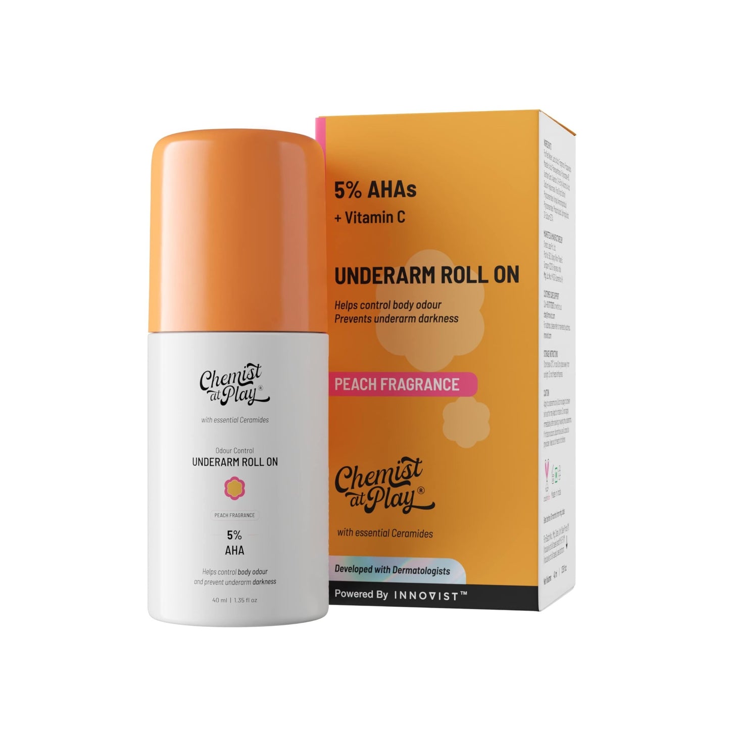Chemist at Play UnderArm Roll-On with 5% AHA| Lactic & Mandelic Acid|Prevents Odour, Brightens Skin & Exfoliates Underarm | For Sensitive Skin | Peach Fragrance | Alcohol & Aluminium Free | 1.35 fl oz - Medaid International