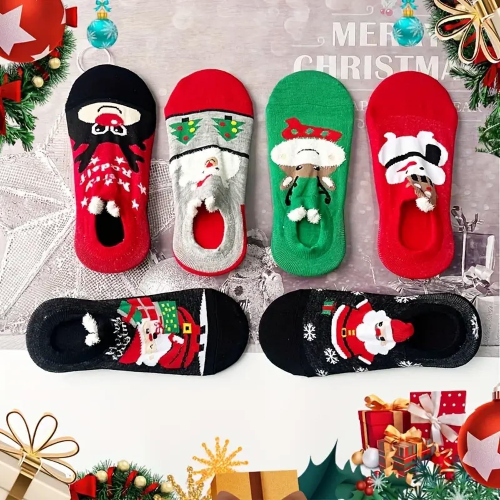6 Pairs Cartoon Christmas Socks, Winter Warm Socks with Christmas Element Pattern for Xmas Gifts & Decor - Medaid International