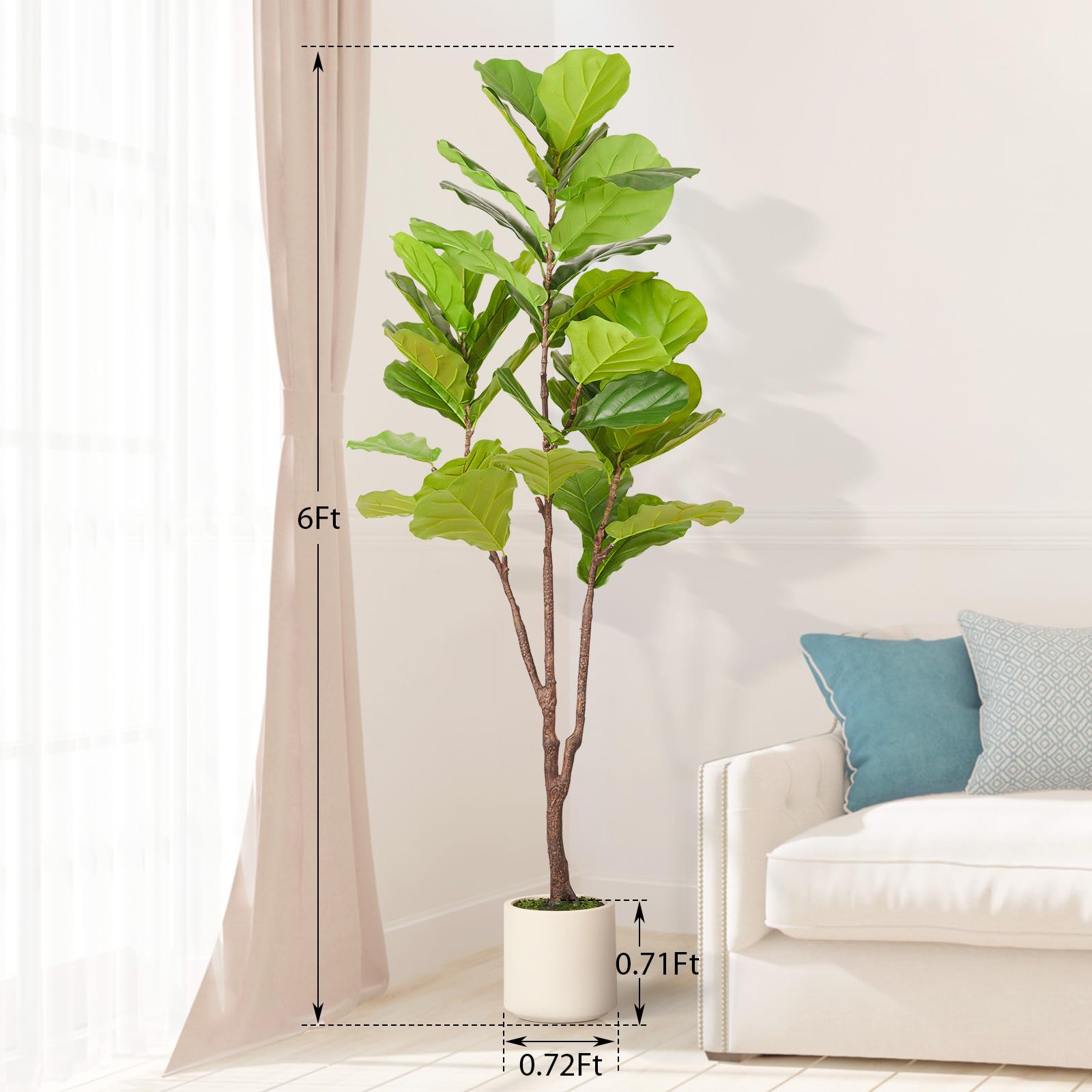 Artificial Fiddle Leaf Fig Tree, 6FT Faux Ficus Lyrata Plant with Realistic Leaves, Lifelike Home Decor Faux Tree in Stylish Pot for Indoor, Office, Living Room Decor (6ft) - Medaid International