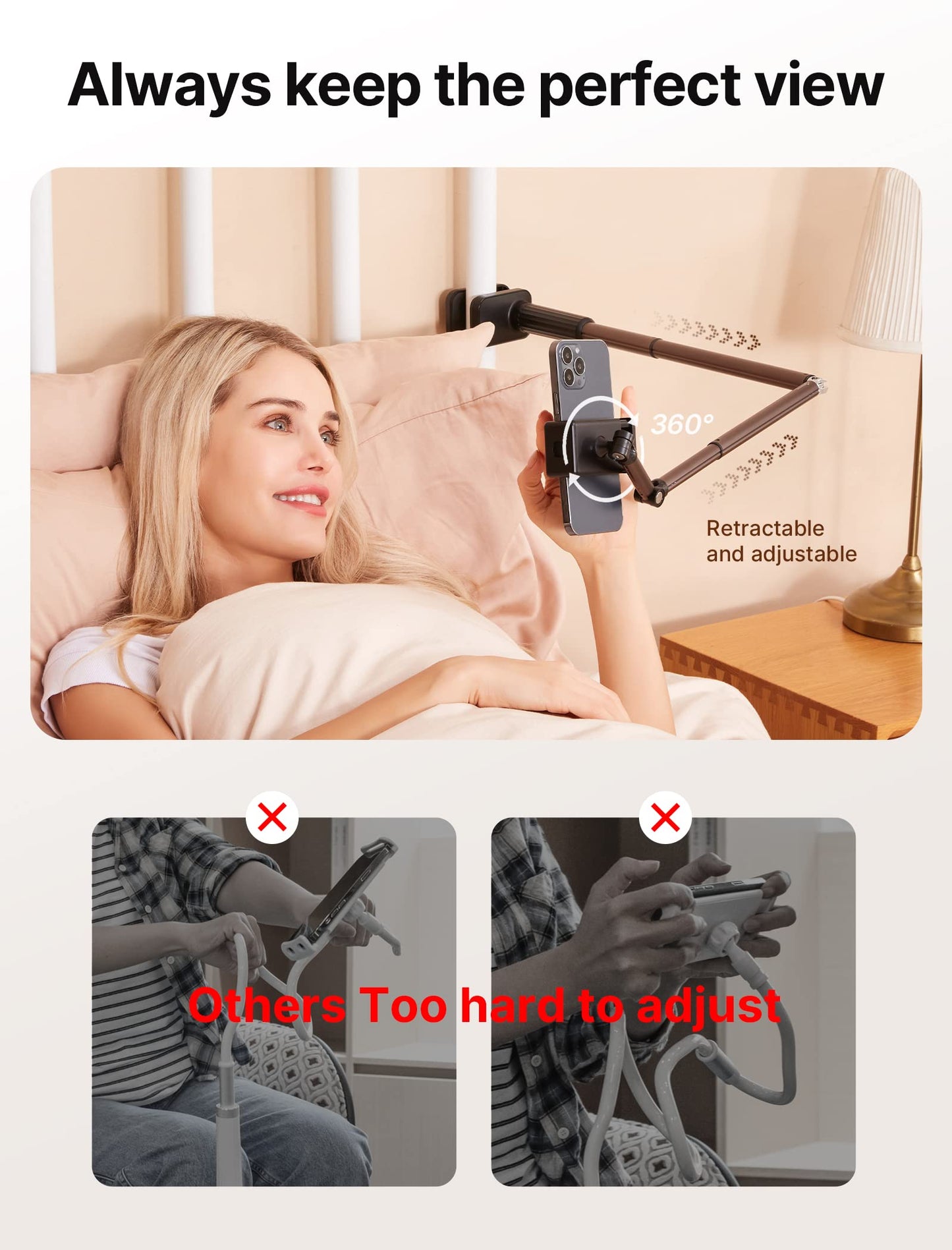 JSAUX Phone Holder for Desk and Bed Compatible with iPhone 16 15 14 13 12 Overhead Phone Mount Gooseneck Phone Stand Flexible 360 Lazy Long Arm Clamp Clip for Table Bedside [1-Pack, Black] - Medaid International