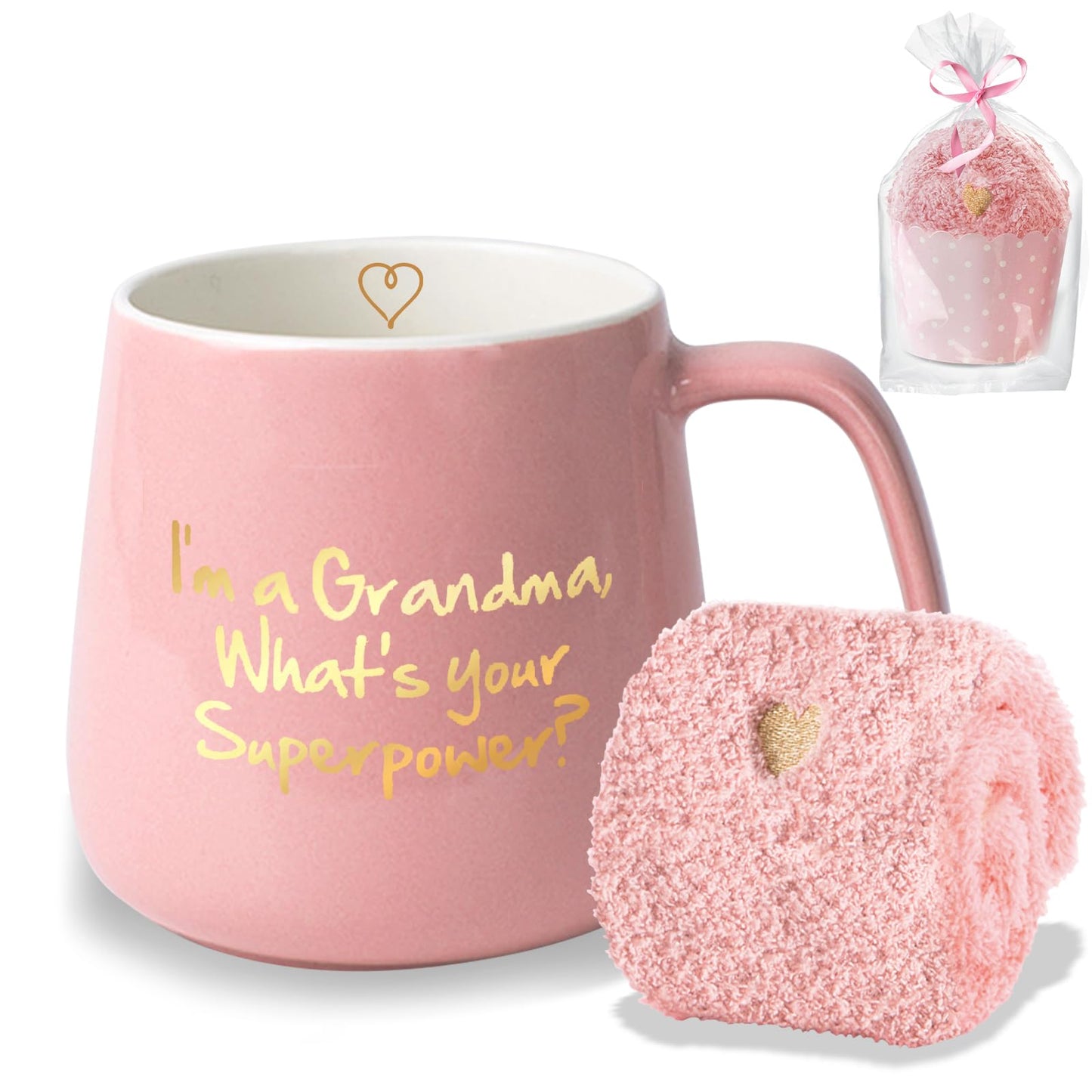 Yalucky Pink Ceramic Coffee Mug, 12 oz, 'I'm a Grandma What's Your Superpower', Includes Fuzzy Socks, Perfect for Grandma Gifts: Birthday, Mother's Day, Christmas - Medaid International