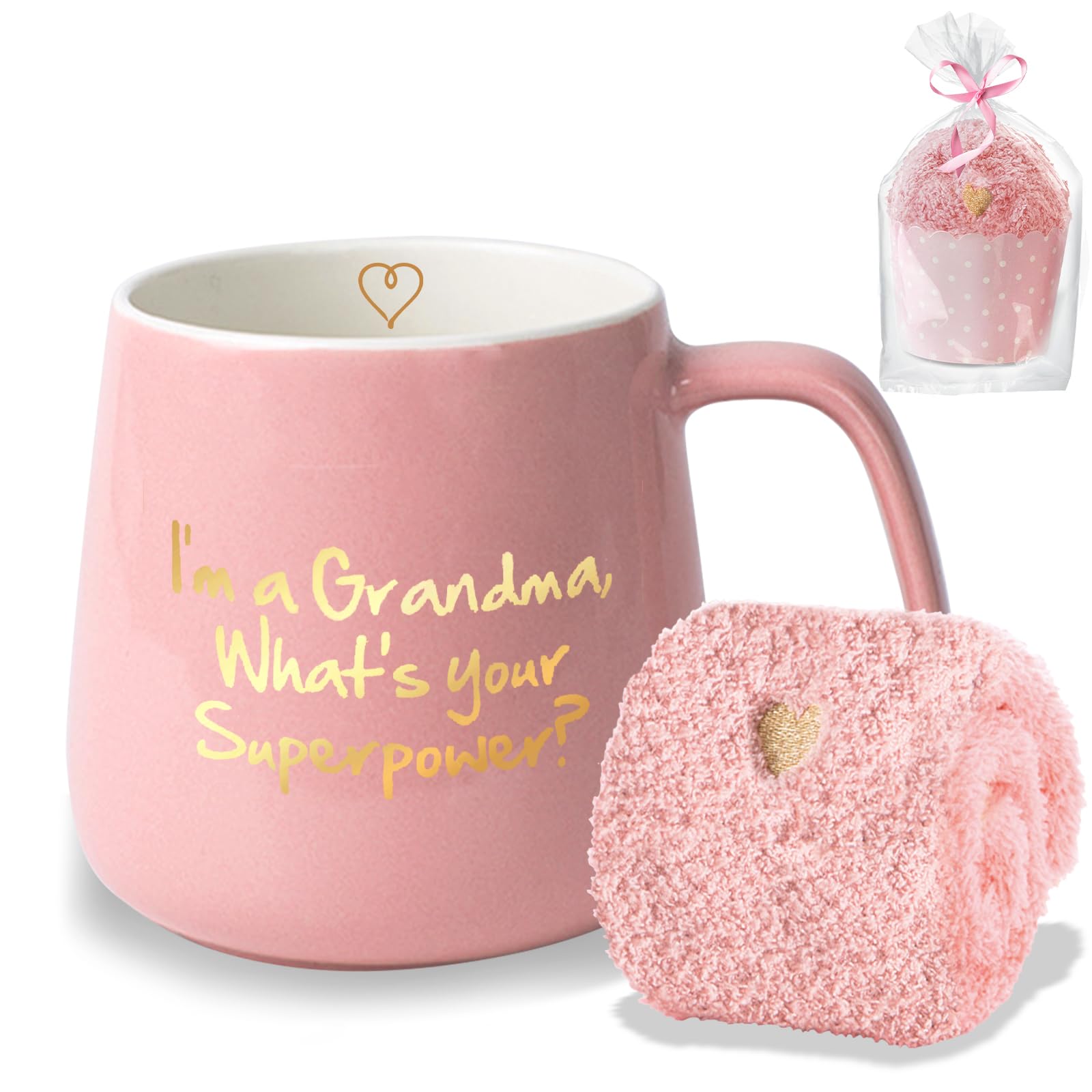 Yalucky Pink Ceramic Coffee Mug, 12 oz, 'I'm a Grandma What's Your Superpower', Includes Fuzzy Socks, Perfect for Grandma Gifts: Birthday, Mother's Day, Christmas - Medaid International