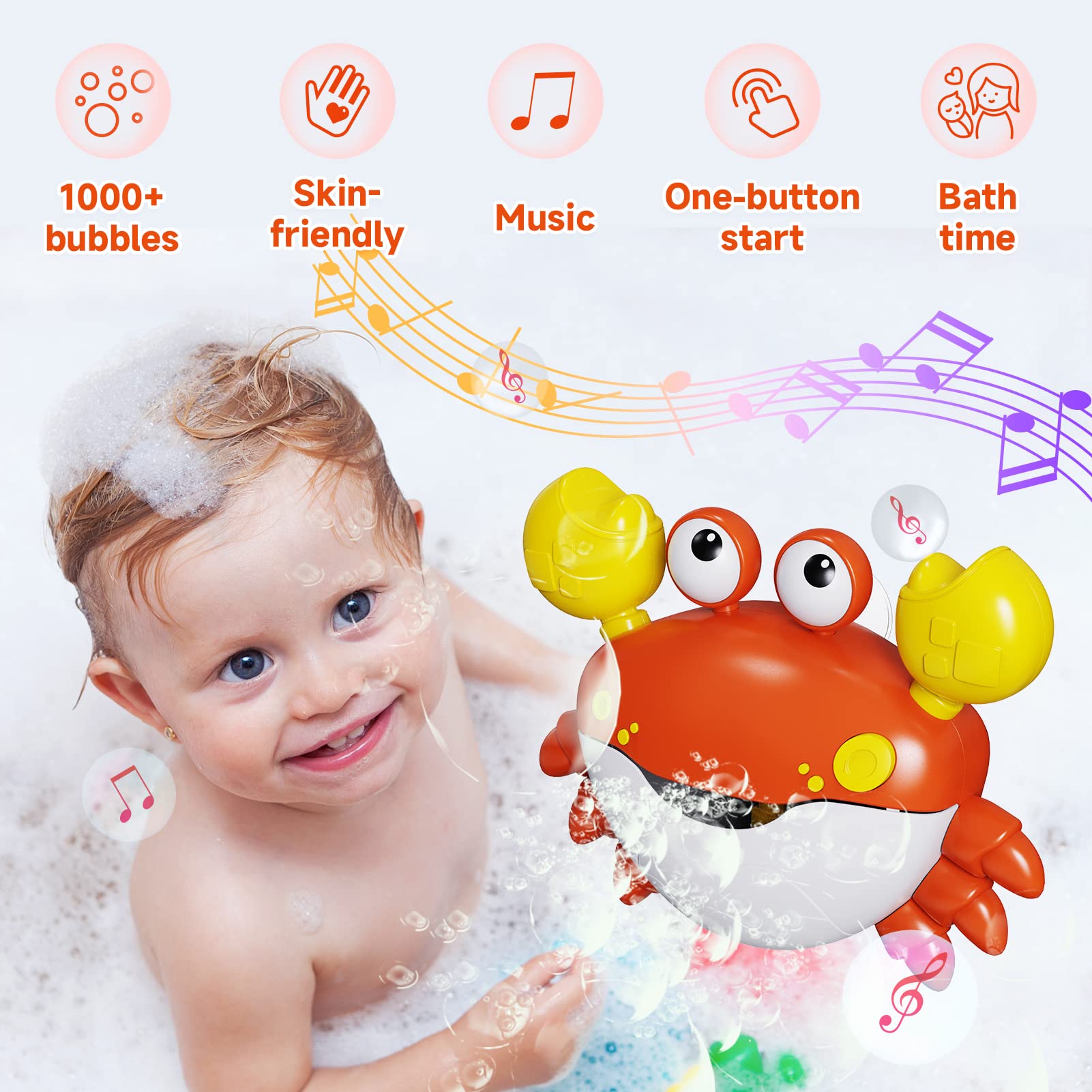GLZOOO Crab Bath Toys: Bath Toys for Toddlers, Blow Bubbles and Plays 12 Children’s Songs, Sing-Along Bath Bubble Maker for Baby (Red) - Medaid International