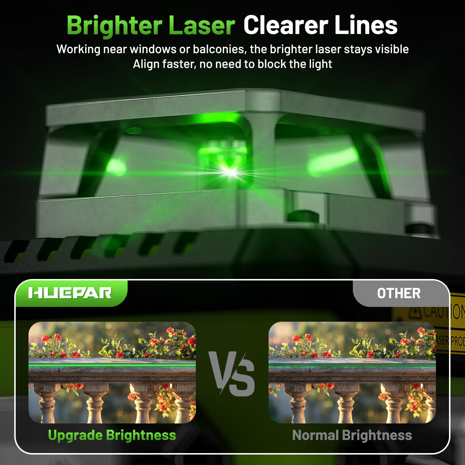 HUEPAR Laser Level 360 Self Leveling, Rechargeable 3D High Brightness Green Laser 3x360° Best Laser Leveler Tool for Construction and Picture Hanging, Strong Magnetic Bracket & Hard Suitcase -B03CG - Medaid International