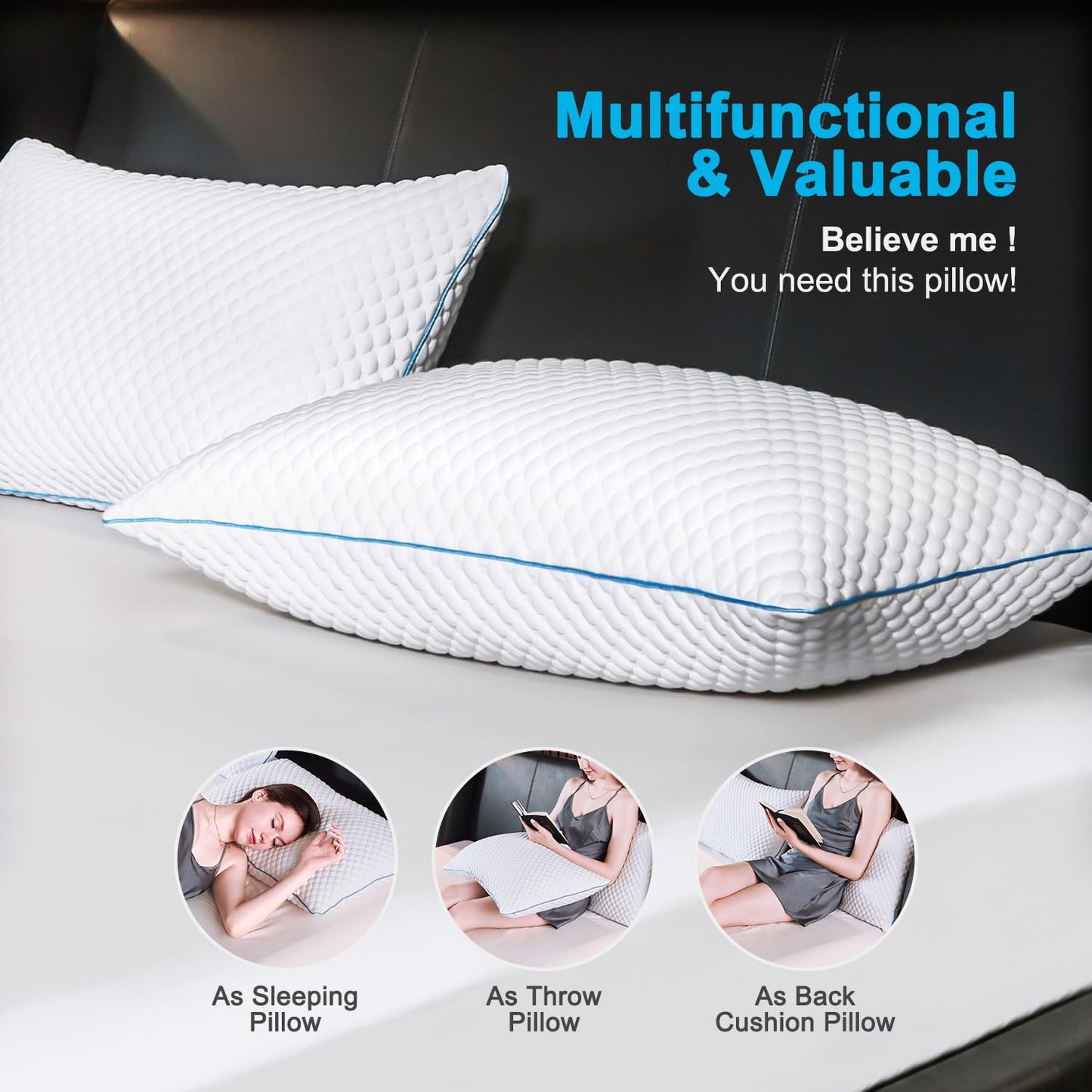 VVZ Cooling Bed Pillows Queen Size Set of 2, Shredded Memory Foam Pillows for Side Back Stomach Sleepers, Luxury Cool Gel Adjustable Firm Bed Pillows for Sleeping 2 Pack Queen Size 20 x 30 Inches - Medaid International