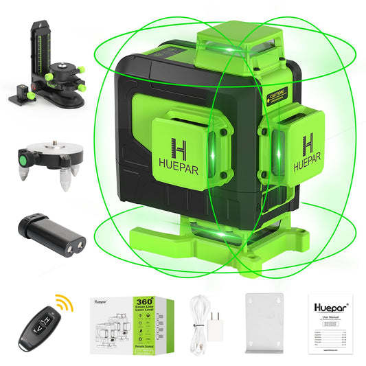 Huepar Laser Level 360 Self Leveling, 16 Lines High Accuracy ±1/9" Green Laser Level with Remote Control, 4x360 Cross Line Tiling Floor Laser Tool, 4D for Construction 904DG - Medaid International