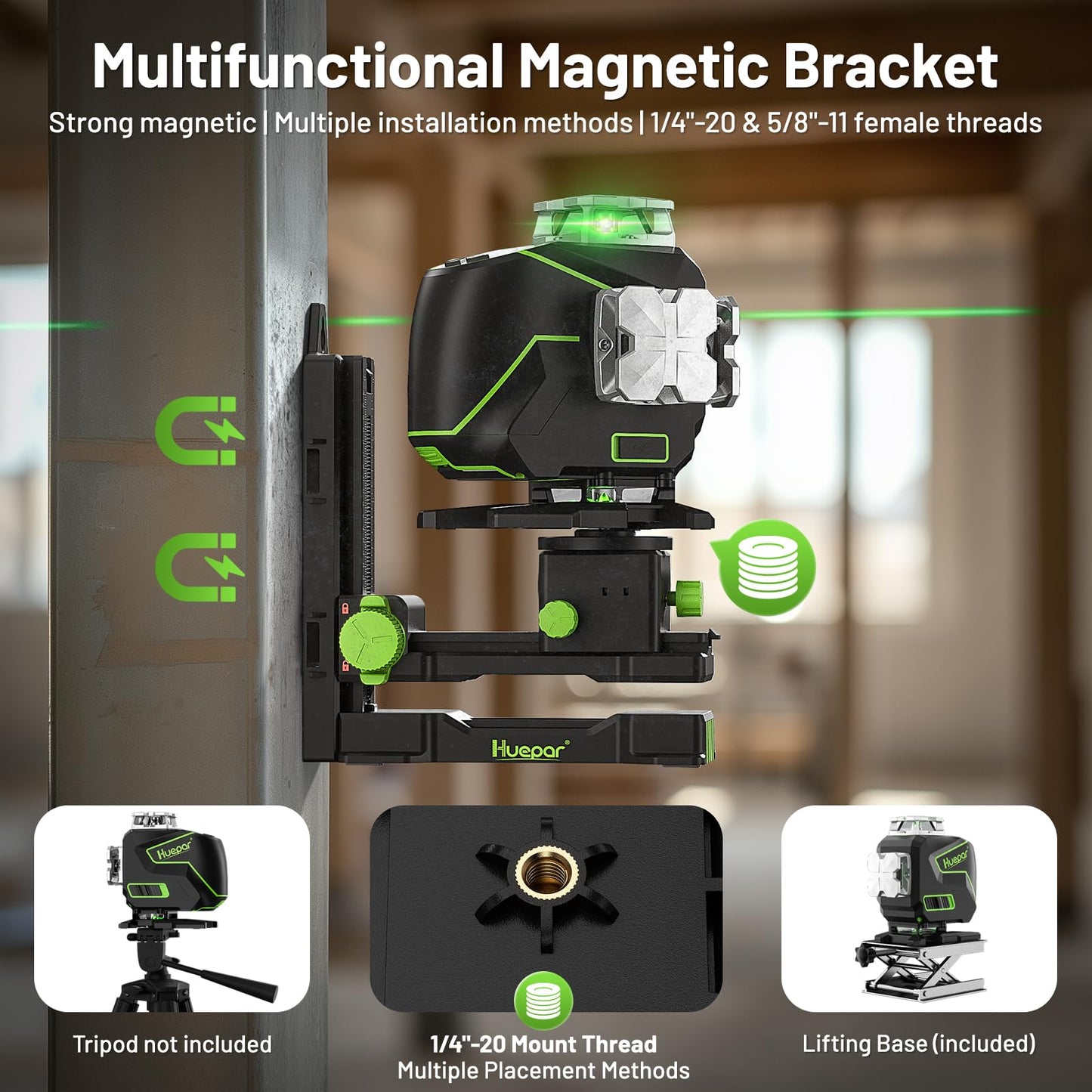 Huepar Laser Level 360 Self Leveling, 4x360° Green 4D Cross Line Laser with LCD Screen, Bluetooth Outdoor Pulse Mode Laser Tool for Construction -Remote Control, Li-ion Battery or 4 AA Batteries-S04CG - Medaid International