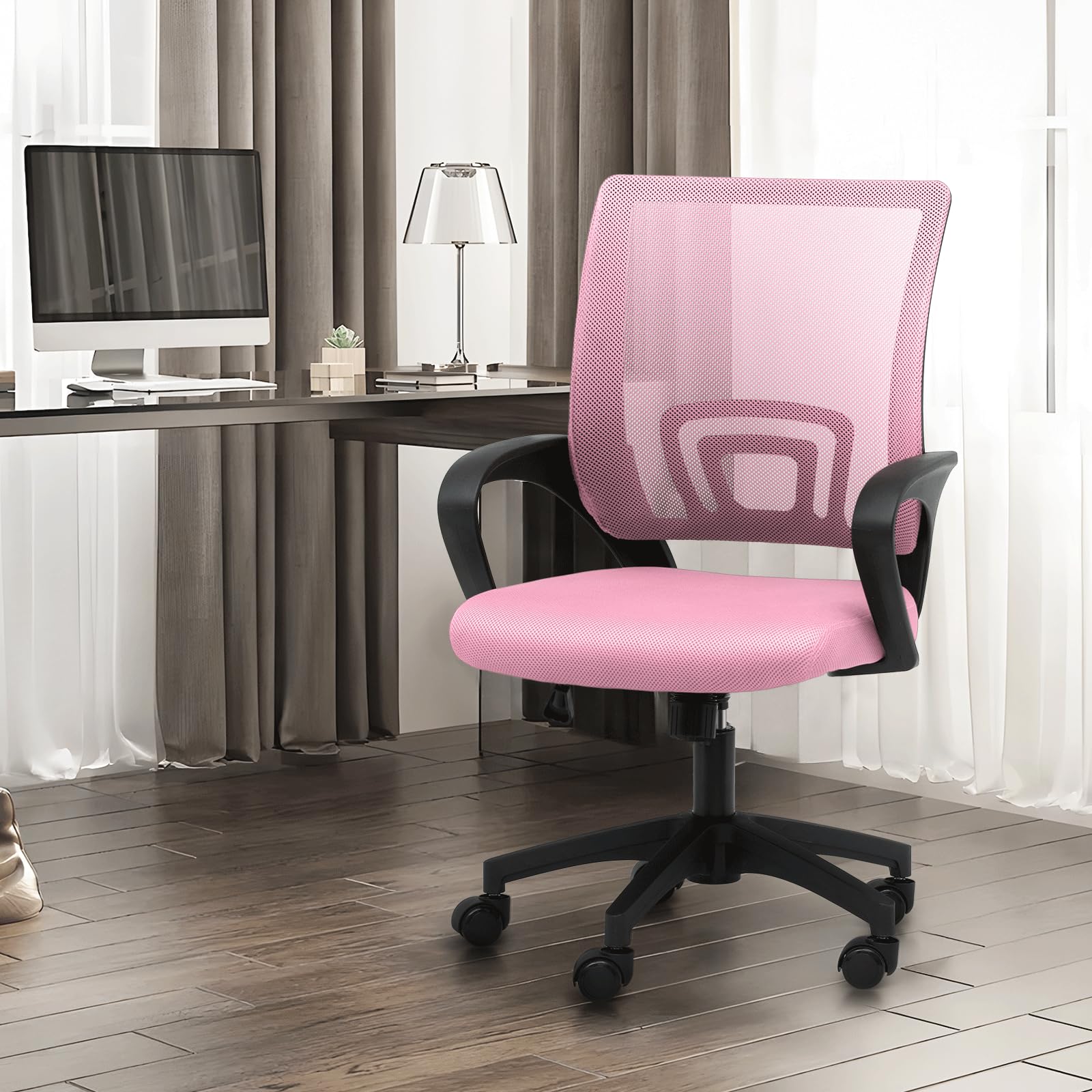 Athena Collection Computer Office Chair, Ergonomic Desk Chair with Rolling Wheels, Mesh Back Support and Height Adjustable, Small and Comfy for Home Office, Study, Pink - Medaid International