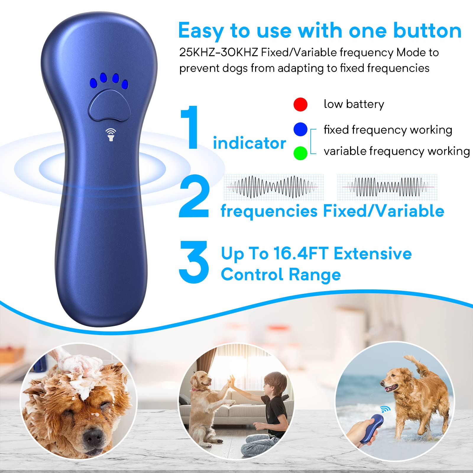 Ahwhg New Anti Barking Device,Dog Barking Control Devices,Rechargeable Ultrasonic Dog Bark Deterrent up to 16.4 Ft Effective Control Range Safe for Human & Dogs Portable Indoor & Outdoor(Blue) - Medaid International