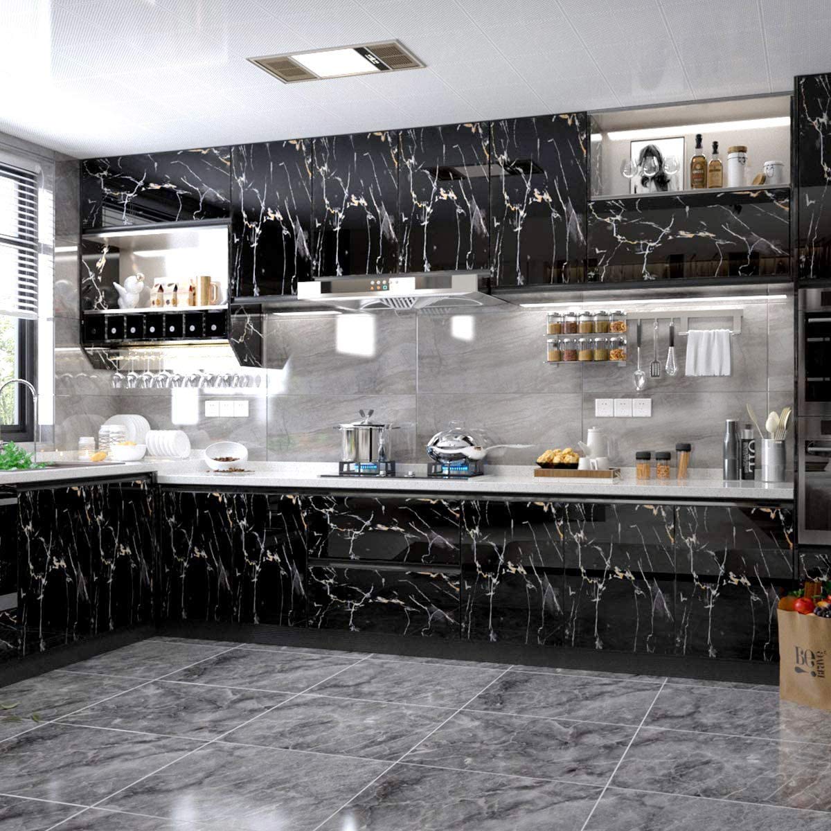 WALLTON Wall Stickers Marble (12 x 48 Inches) Jade Kitchen Counter, Cabinet Makeover, Almirah, Plastic & Wooden Tabletop, Wardrobe, PVC DIY Self Adhesive, Black and Golden Marble Gloss - Medaid International